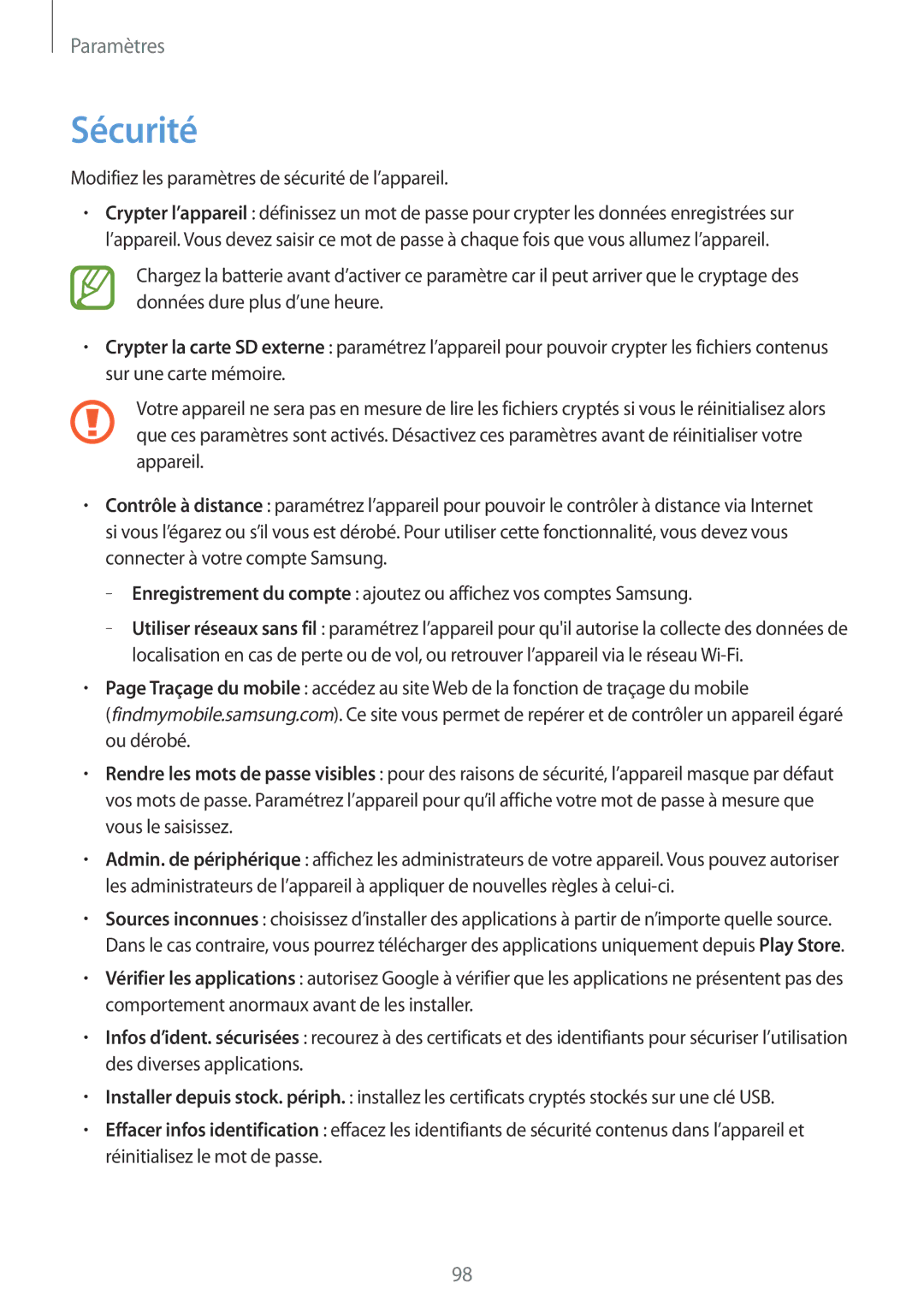 Samsung SM-T3100ZWAXEF, SM-T3110ZWAXEF, SM-T3100MKAXEF manual Sécurité, Modifiez les paramètres de sécurité de l’appareil 