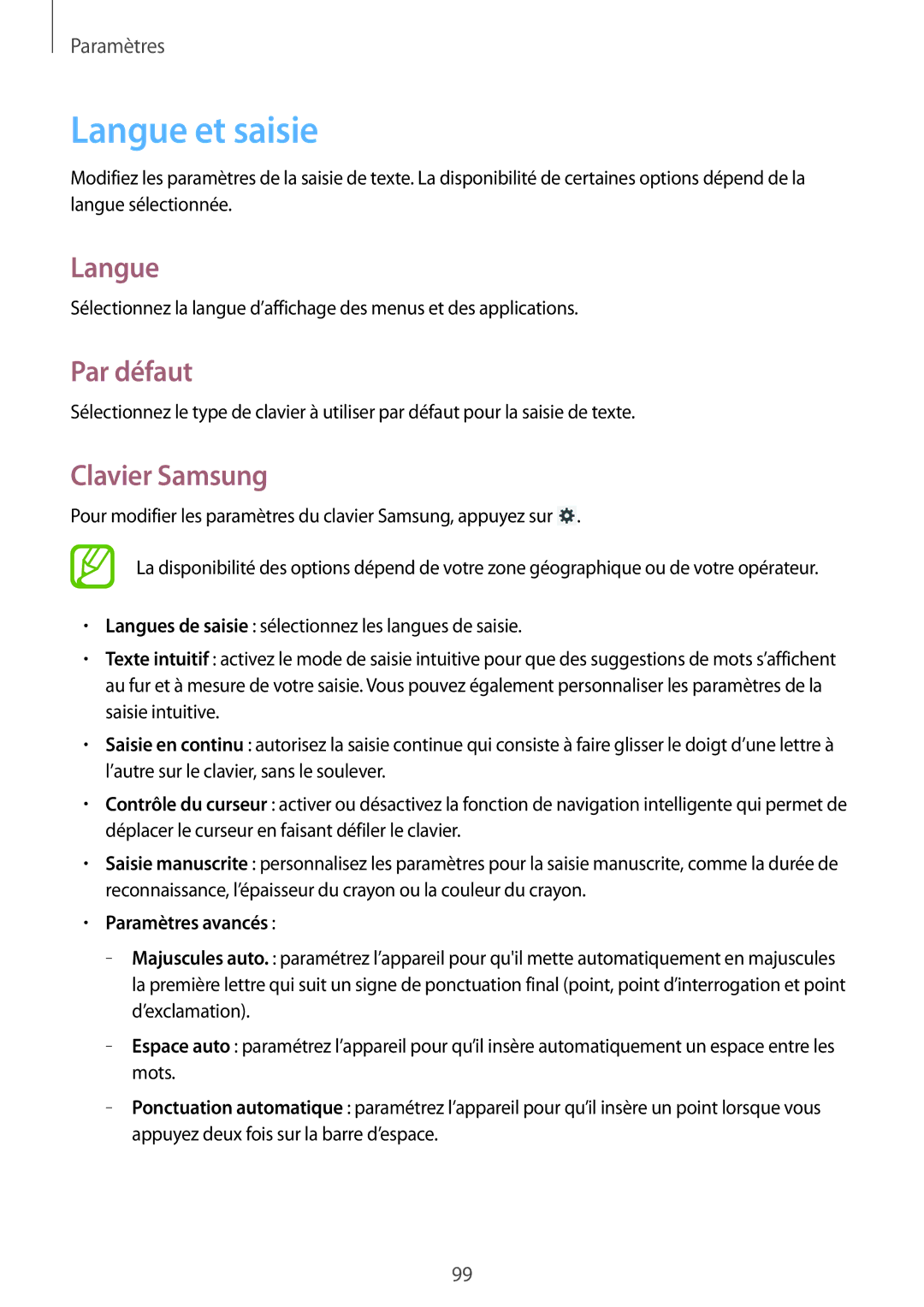 Samsung SM-T3100MKEFNC, SM-T3110ZWAXEF, SM-T3100MKAXEF Langue et saisie, Par défaut, Clavier Samsung, Paramètres avancés 