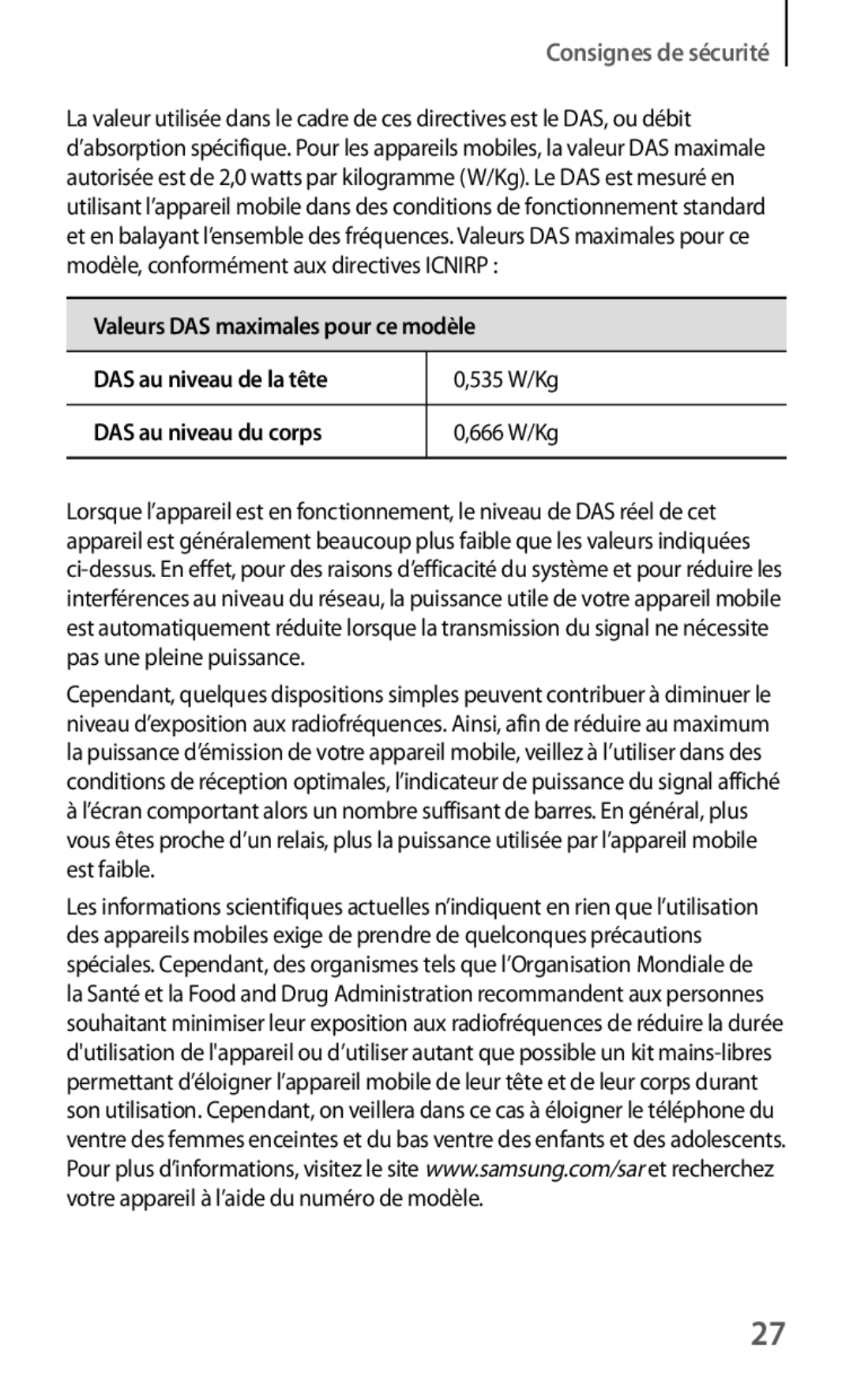 Samsung SM-T3110ZWAXEF manual Consignes de sécurité 