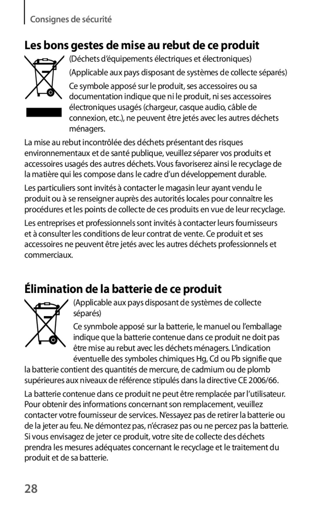 Samsung SM-T3110ZWAXEF manual Élimination de la batterie de ce produit 