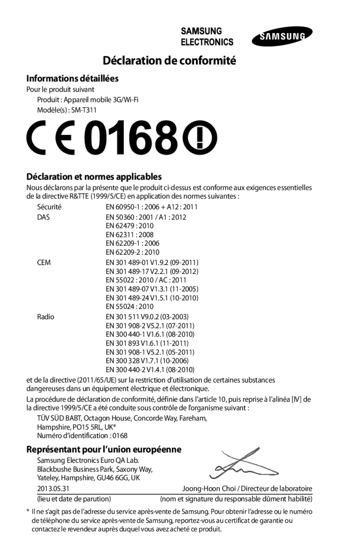 Samsung SM-T3110ZWAXEF manual Déclaration de conformité 