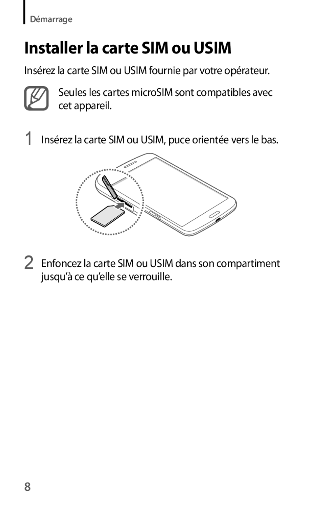 Samsung SM-T3110ZWAXEF manual Installer la carte SIM ou Usim 