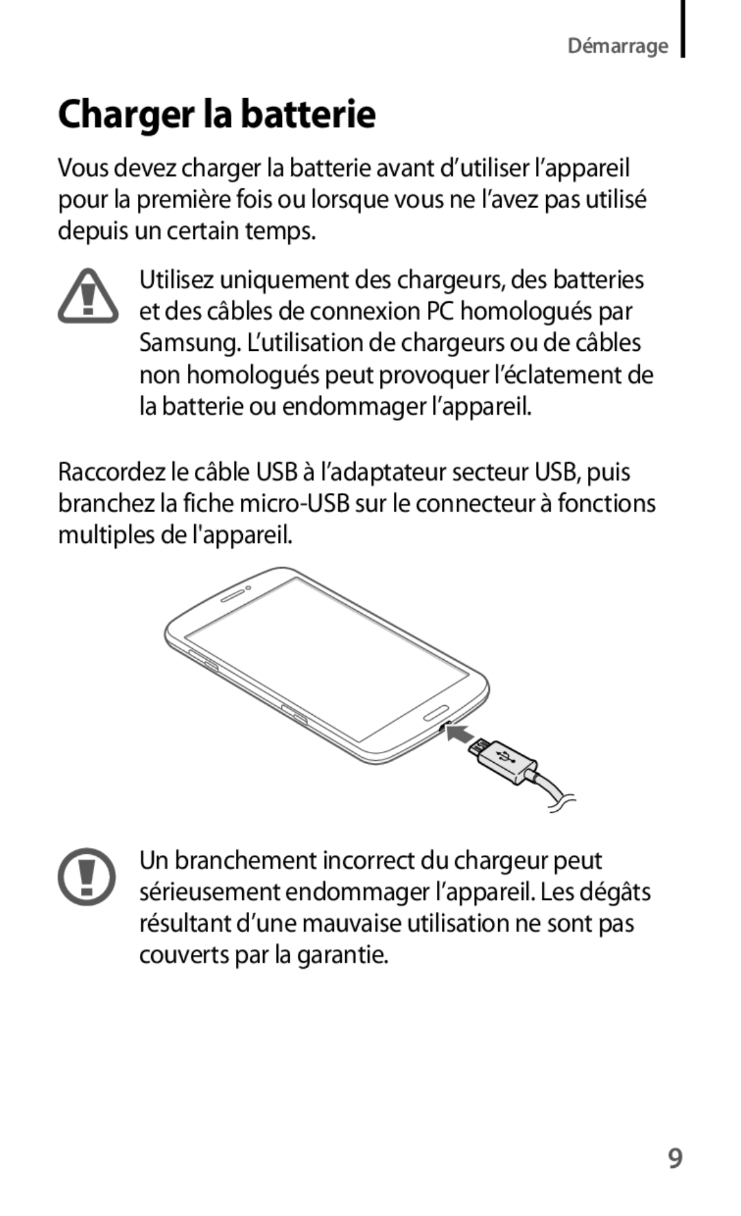 Samsung SM-T3110ZWAXEF manual Charger la batterie 