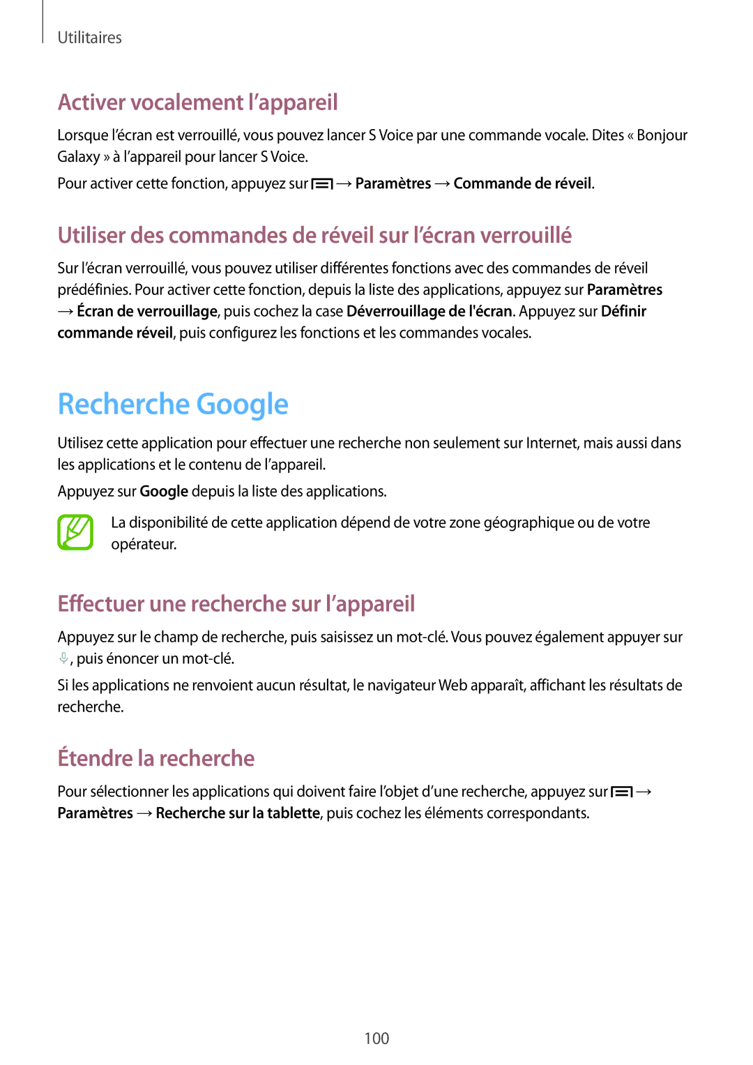 Samsung SM-T3110ZWAXEF manual Recherche Google, Activer vocalement l’appareil, Effectuer une recherche sur l’appareil 