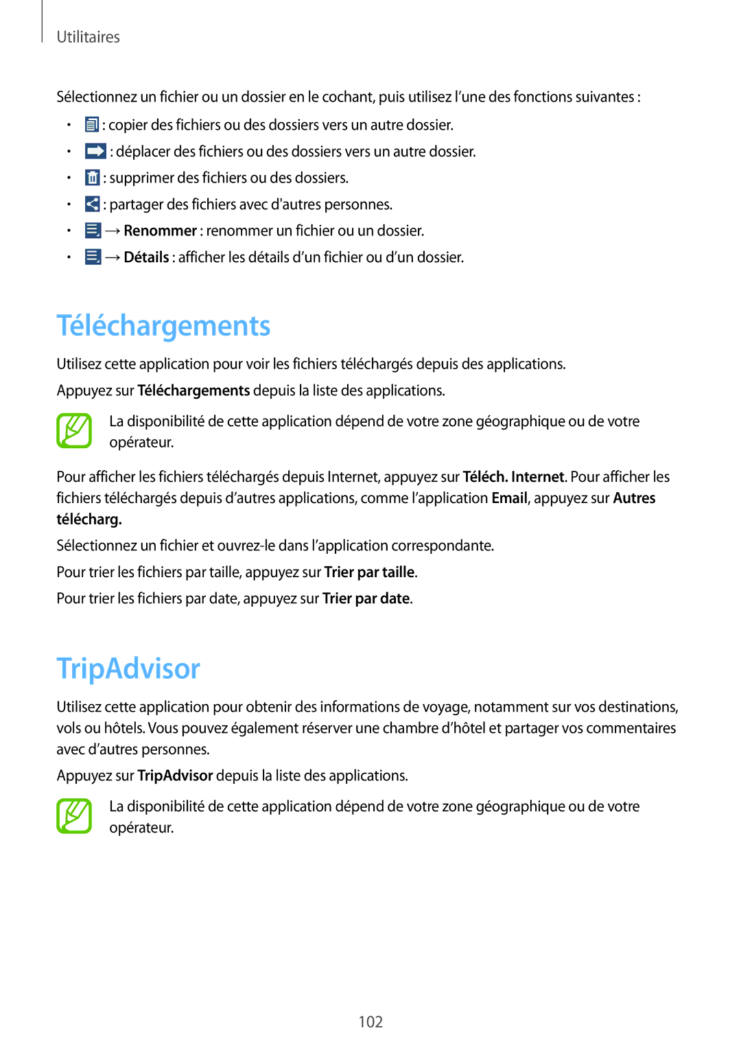 Samsung SM-T3110ZWAXEF manual Téléchargements, TripAdvisor 