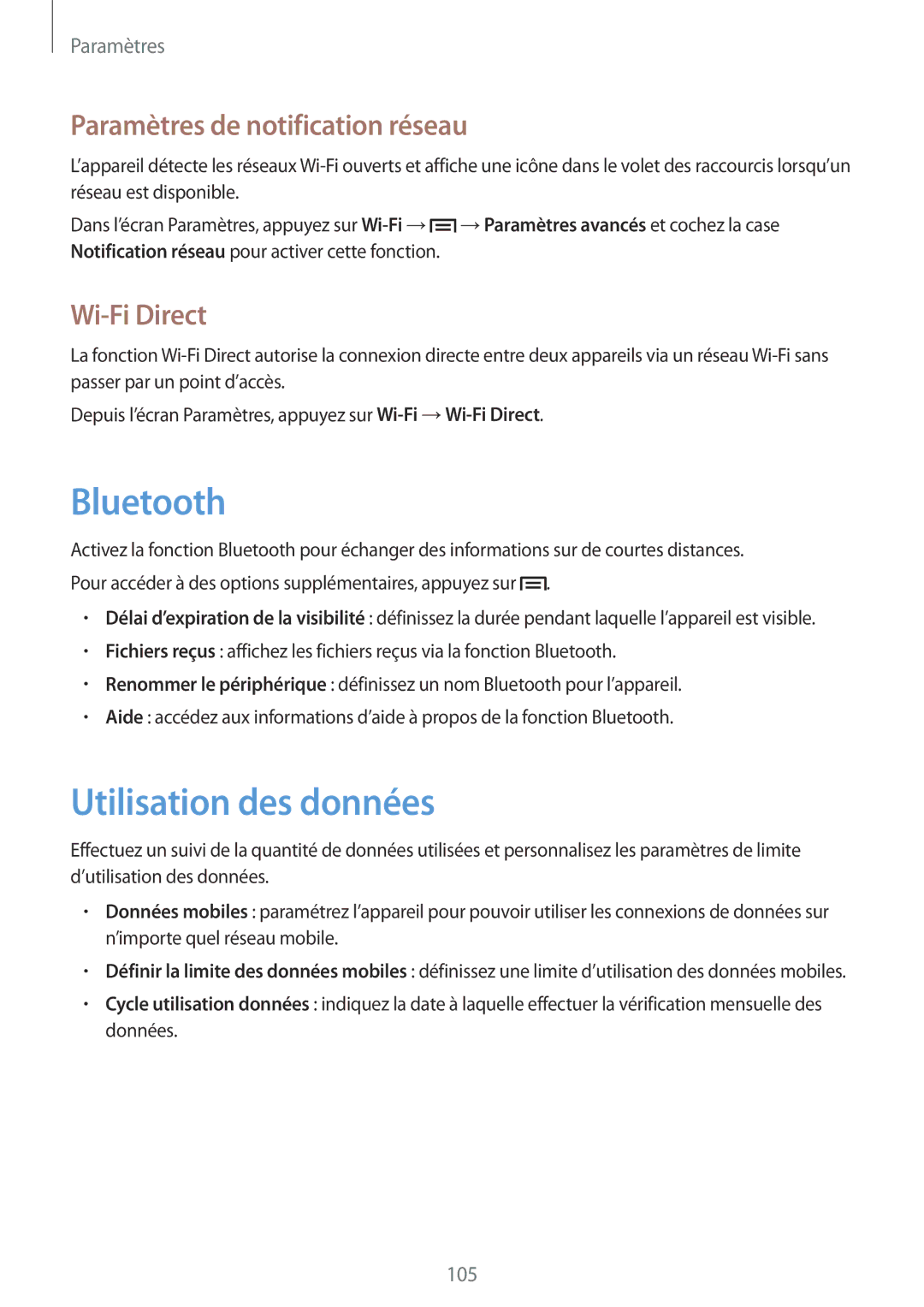 Samsung SM-T3110ZWAXEF manual Utilisation des données, Paramètres de notification réseau, Wi-Fi Direct 