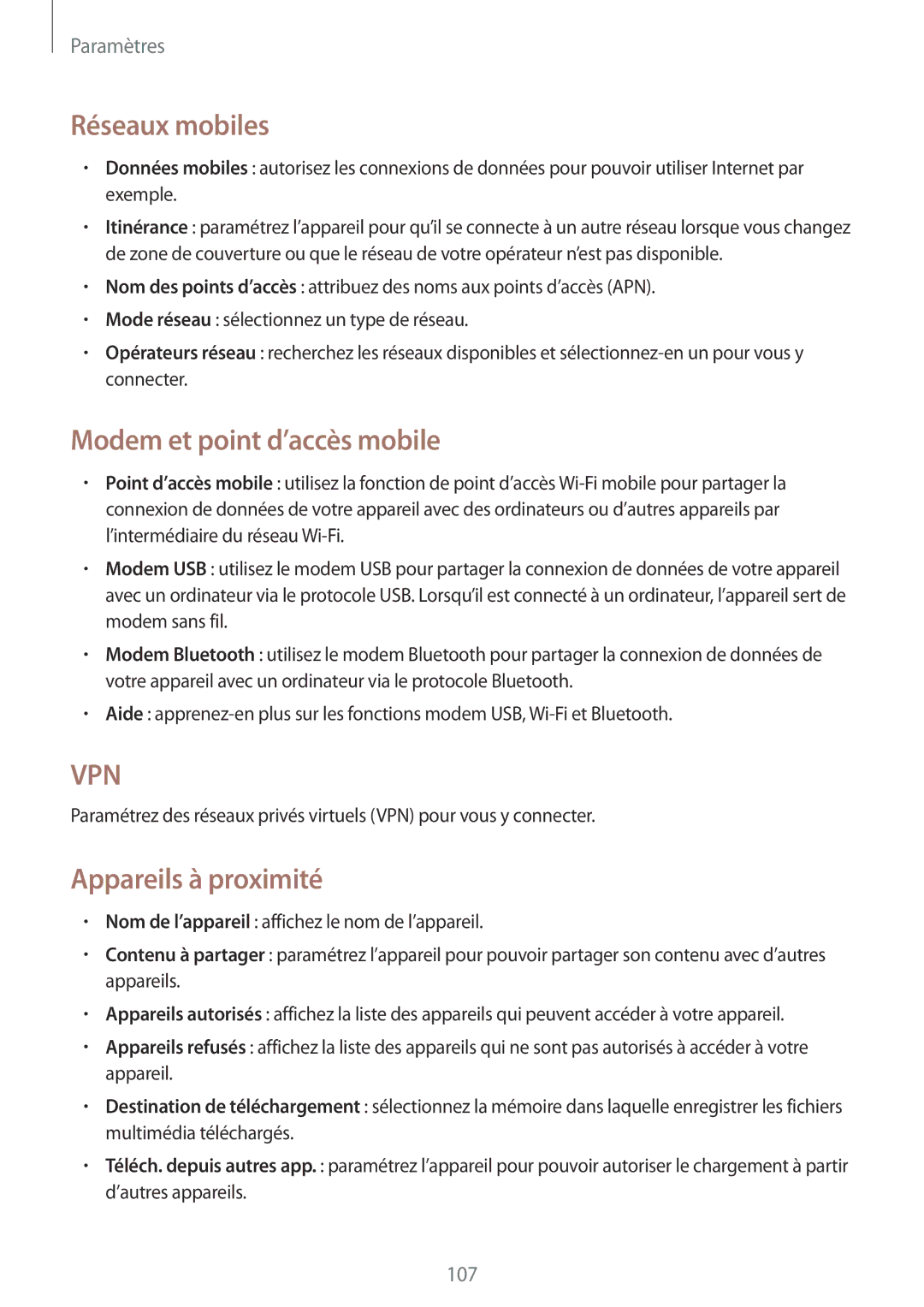 Samsung SM-T3110ZWAXEF manual Réseaux mobiles, Modem et point d’accès mobile, Appareils à proximité 