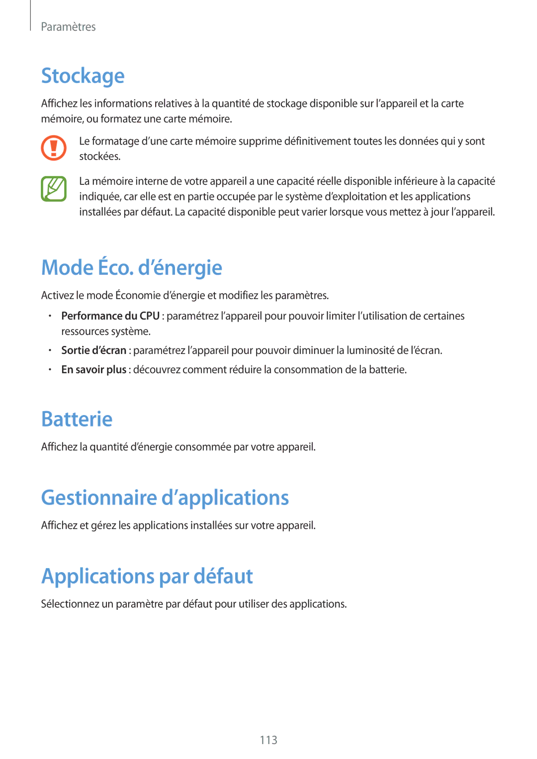 Samsung SM-T3110ZWAXEF manual Stockage, Mode Éco. d’énergie, Batterie, Gestionnaire d’applications, Applications par défaut 