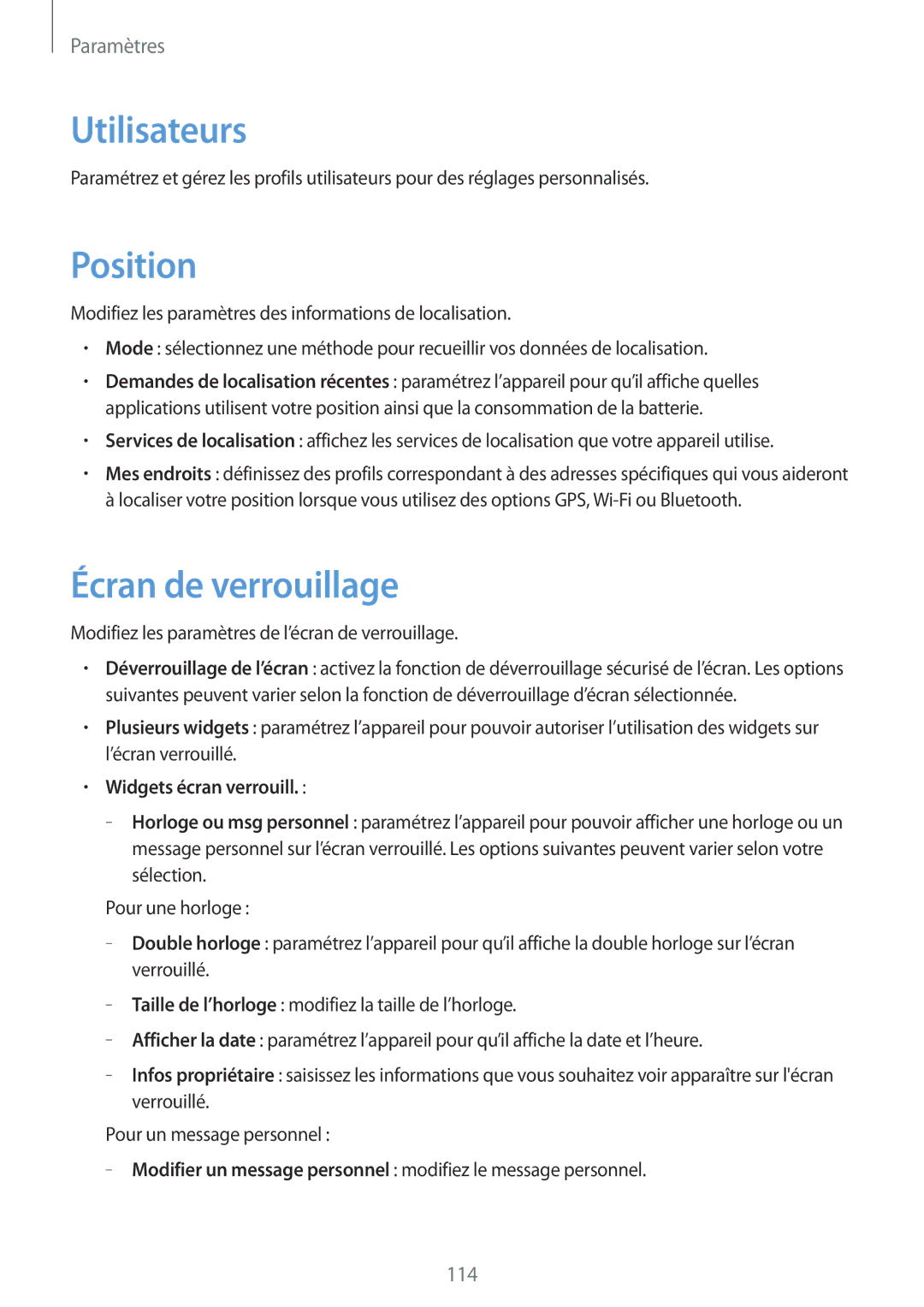 Samsung SM-T3110ZWAXEF manual Utilisateurs, Position, Widgets écran verrouill 