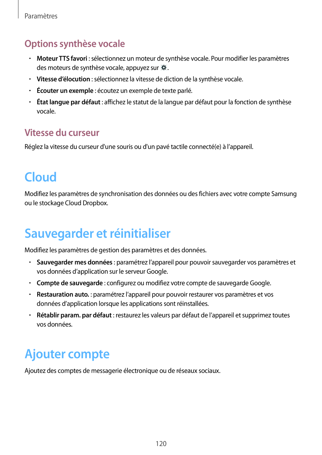 Samsung SM-T3110ZWAXEF manual Sauvegarder et réinitialiser, Ajouter compte, Options synthèse vocale, Vitesse du curseur 