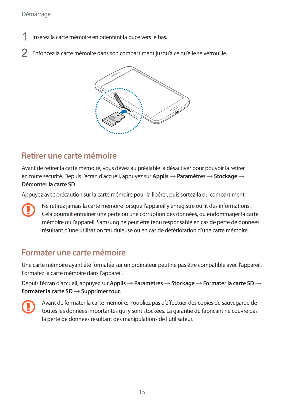 Samsung SM-T3110ZWAXEF manual Retirer une carte mémoire, Formater une carte mémoire 