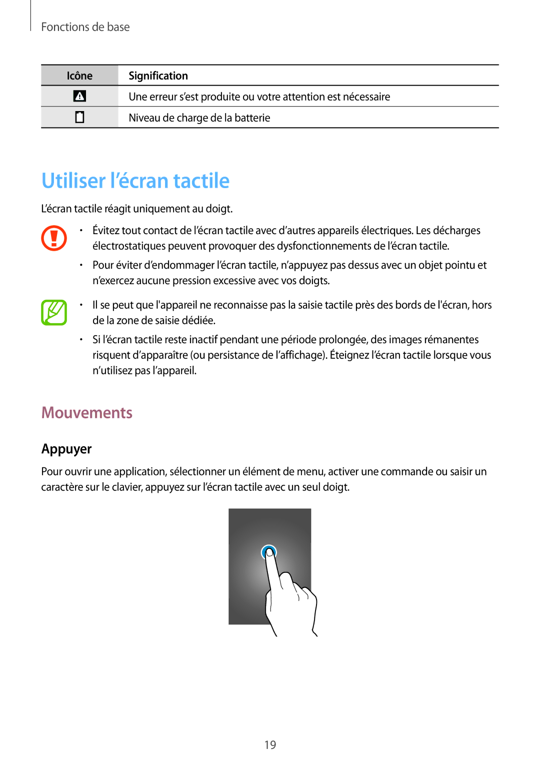 Samsung SM-T3110ZWAXEF manual Utiliser l’écran tactile, Mouvements, Appuyer 