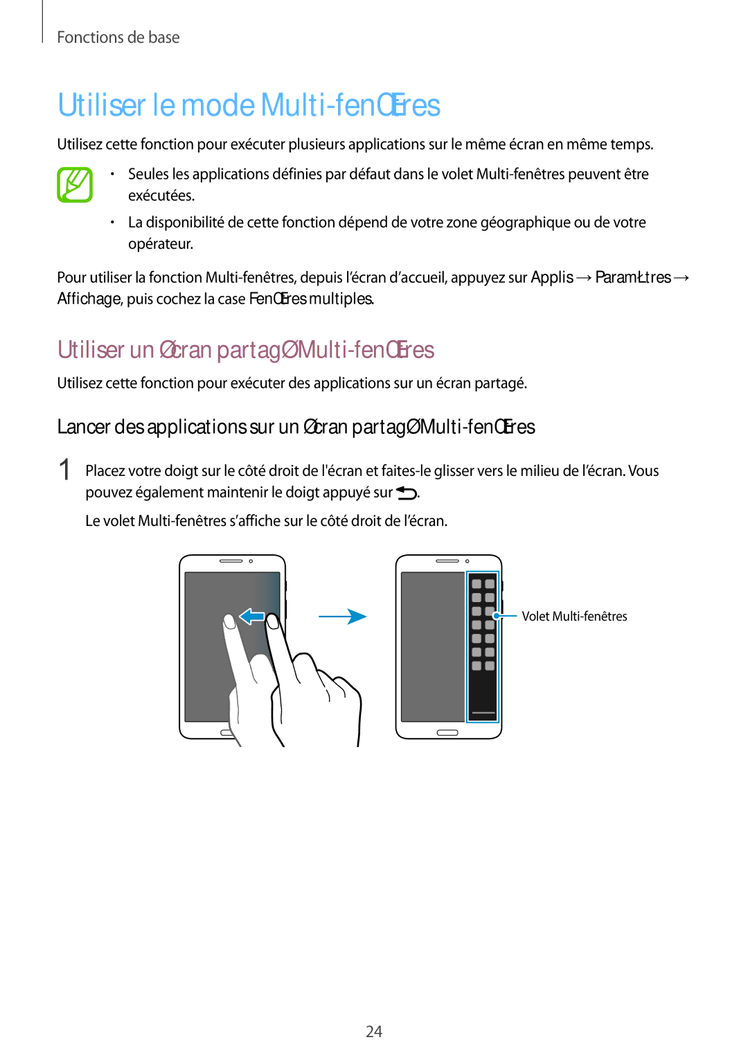 Samsung SM-T3110ZWAXEF manual Utiliser le mode Multi-fenêtres, Utiliser un écran partagé Multi-fenêtres 