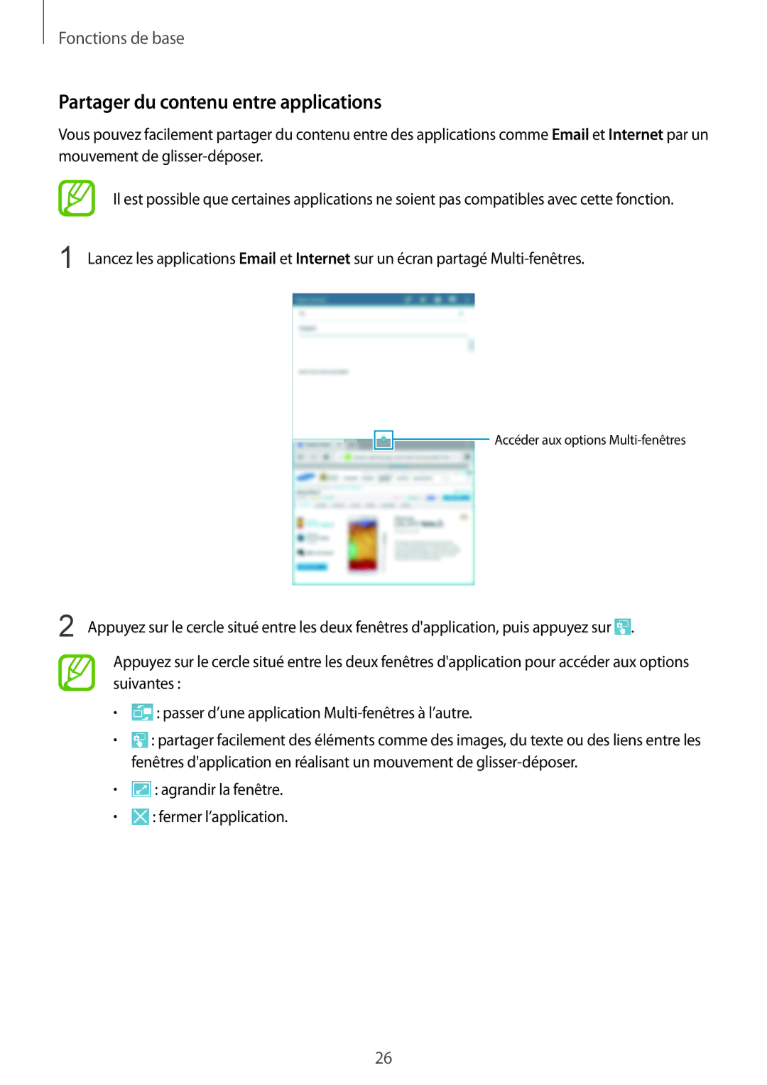 Samsung SM-T3110ZWAXEF manual Partager du contenu entre applications 