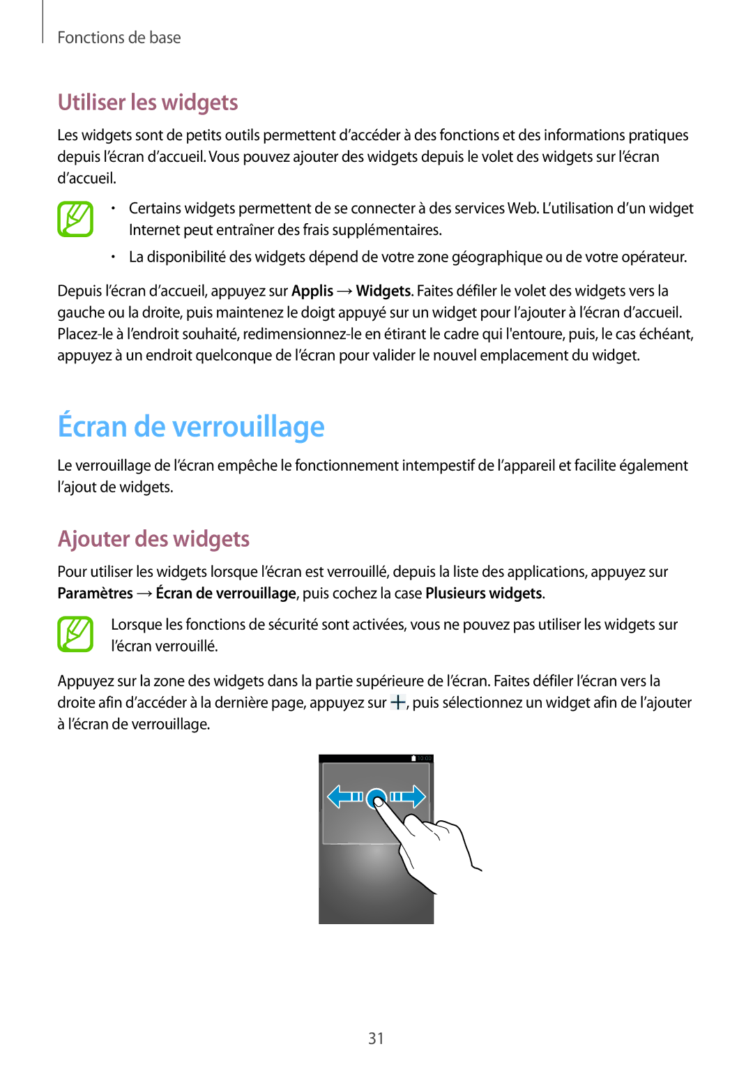 Samsung SM-T3110ZWAXEF manual Écran de verrouillage, Utiliser les widgets, Ajouter des widgets 