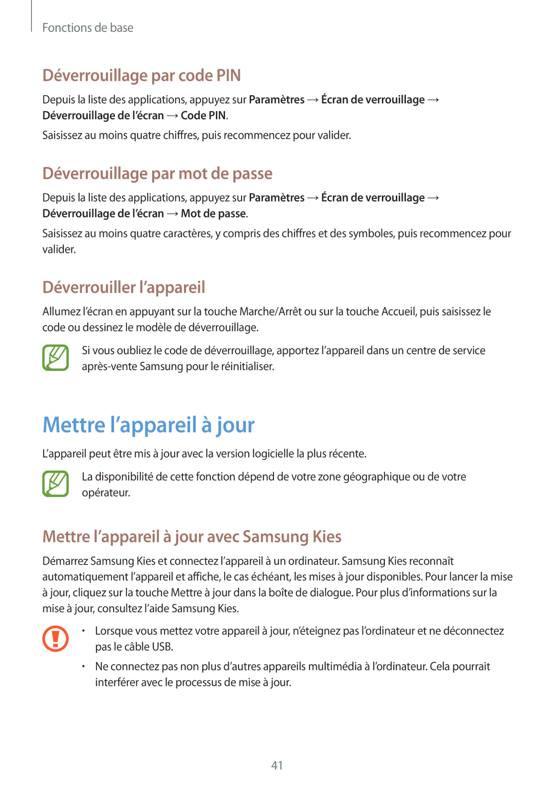 Samsung SM-T3110ZWAXEF manual Mettre l’appareil à jour, Déverrouillage par code PIN, Déverrouillage par mot de passe 