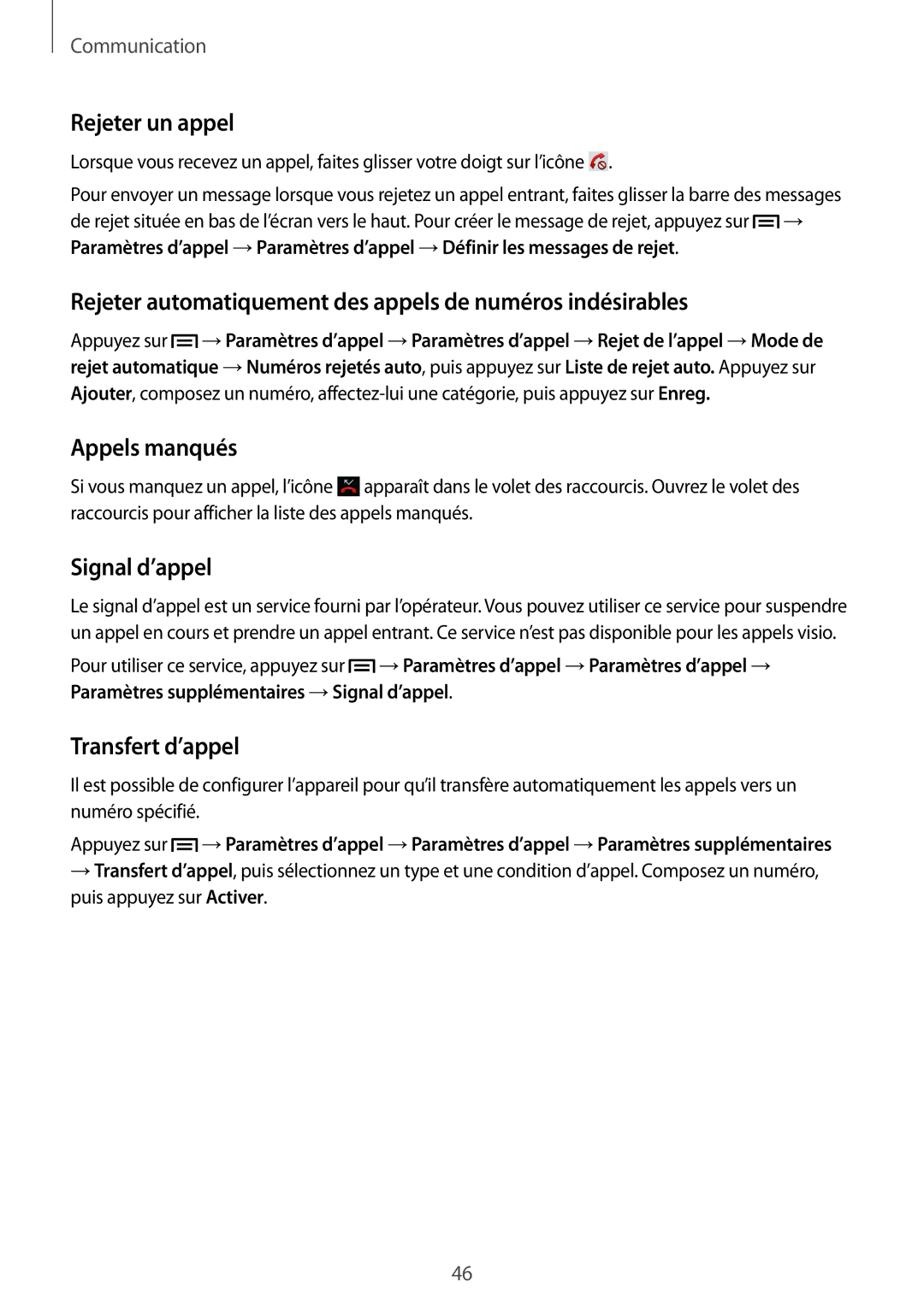 Samsung SM-T3110ZWAXEF manual Rejeter un appel, Rejeter automatiquement des appels de numéros indésirables, Appels manqués 