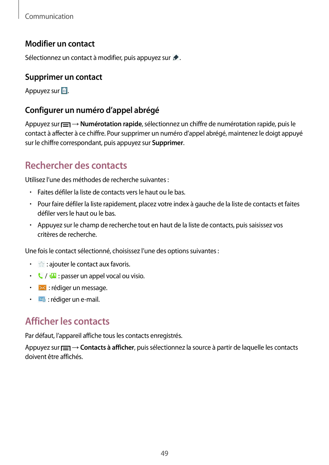 Samsung SM-T3110ZWAXEF manual Rechercher des contacts, Afficher les contacts, Modifier un contact, Supprimer un contact 