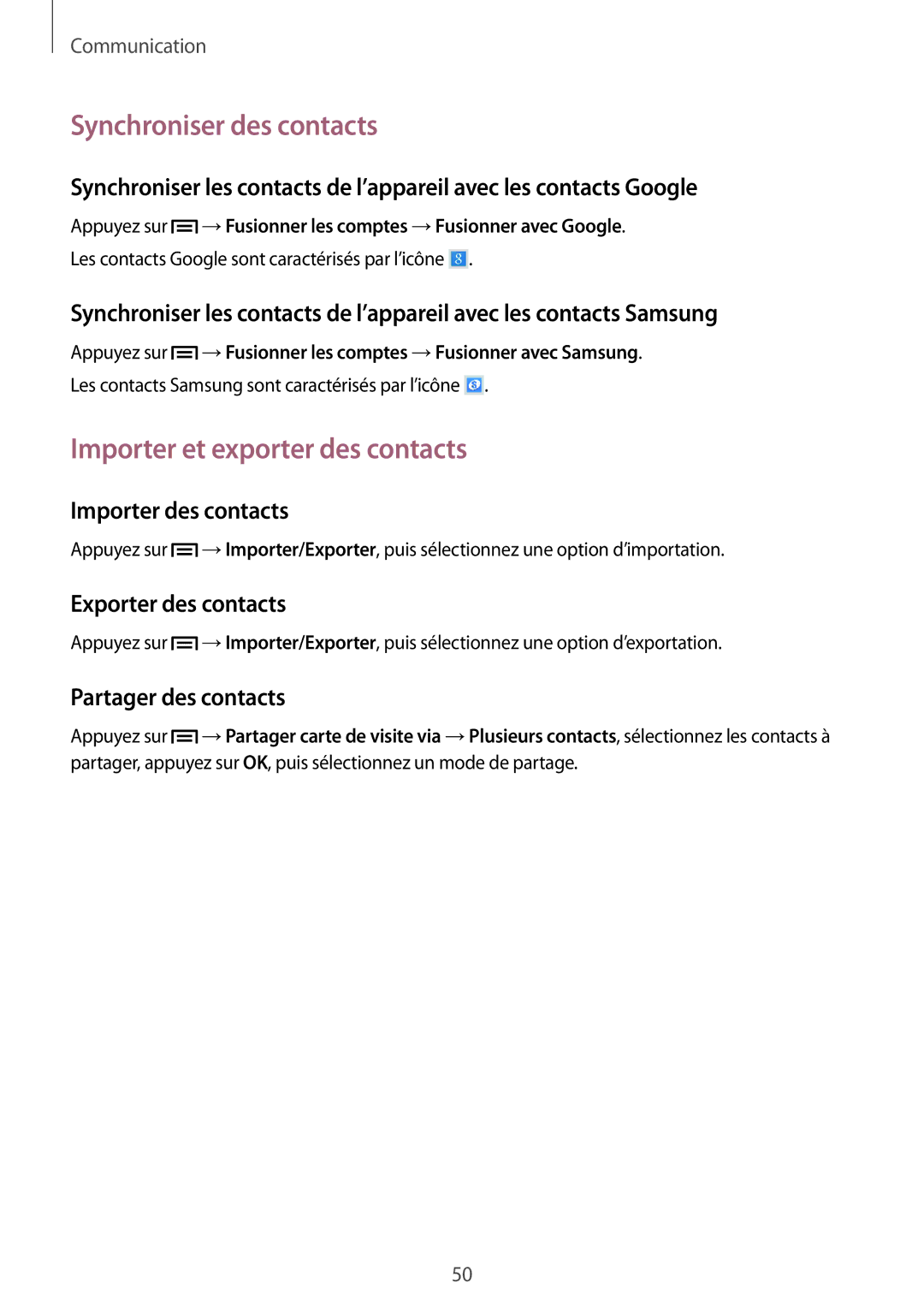 Samsung SM-T3110ZWAXEF manual Synchroniser des contacts, Importer et exporter des contacts, Importer des contacts 