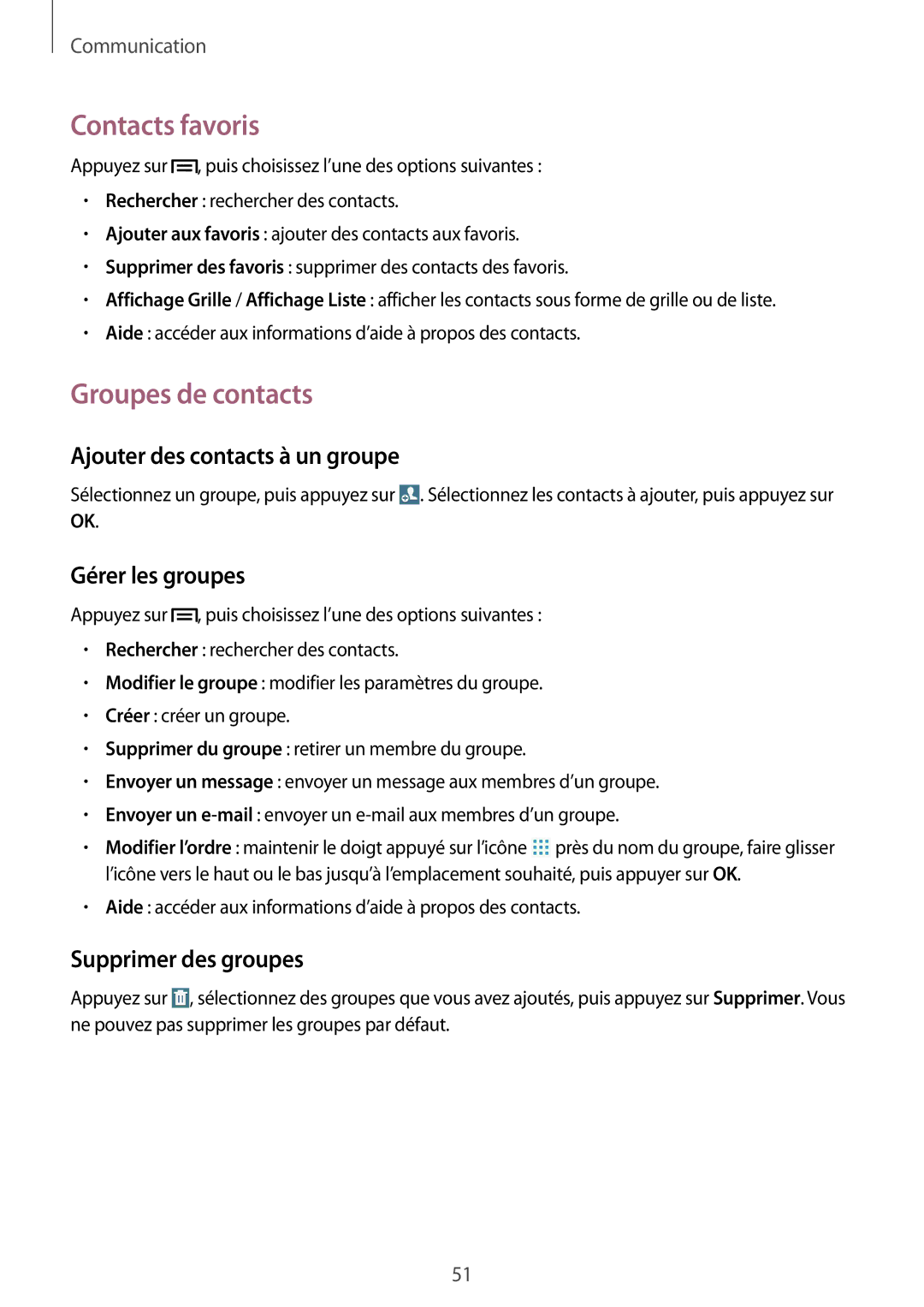 Samsung SM-T3110ZWAXEF manual Contacts favoris, Groupes de contacts, Ajouter des contacts à un groupe, Gérer les groupes 