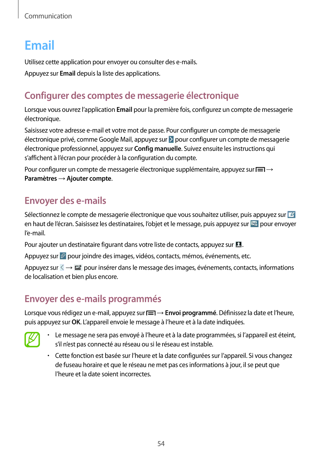 Samsung SM-T3110ZWAXEF manual Configurer des comptes de messagerie électronique, Envoyer des e-mails 