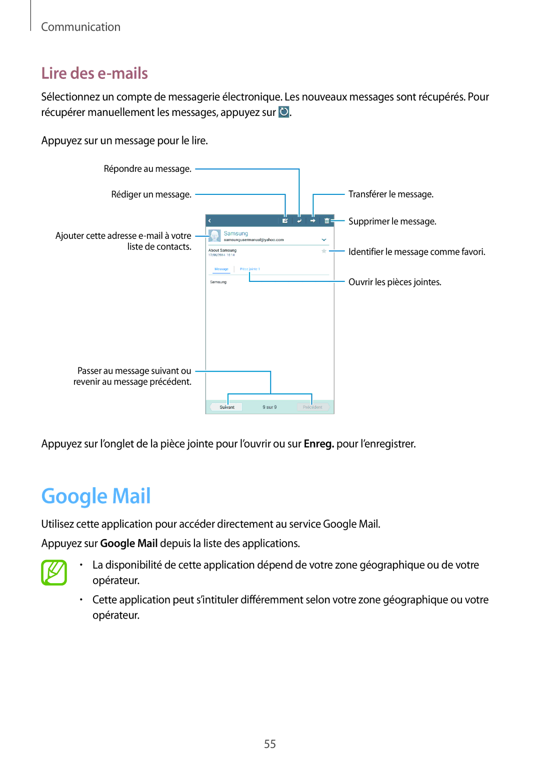 Samsung SM-T3110ZWAXEF manual Google Mail, Lire des e-mails 