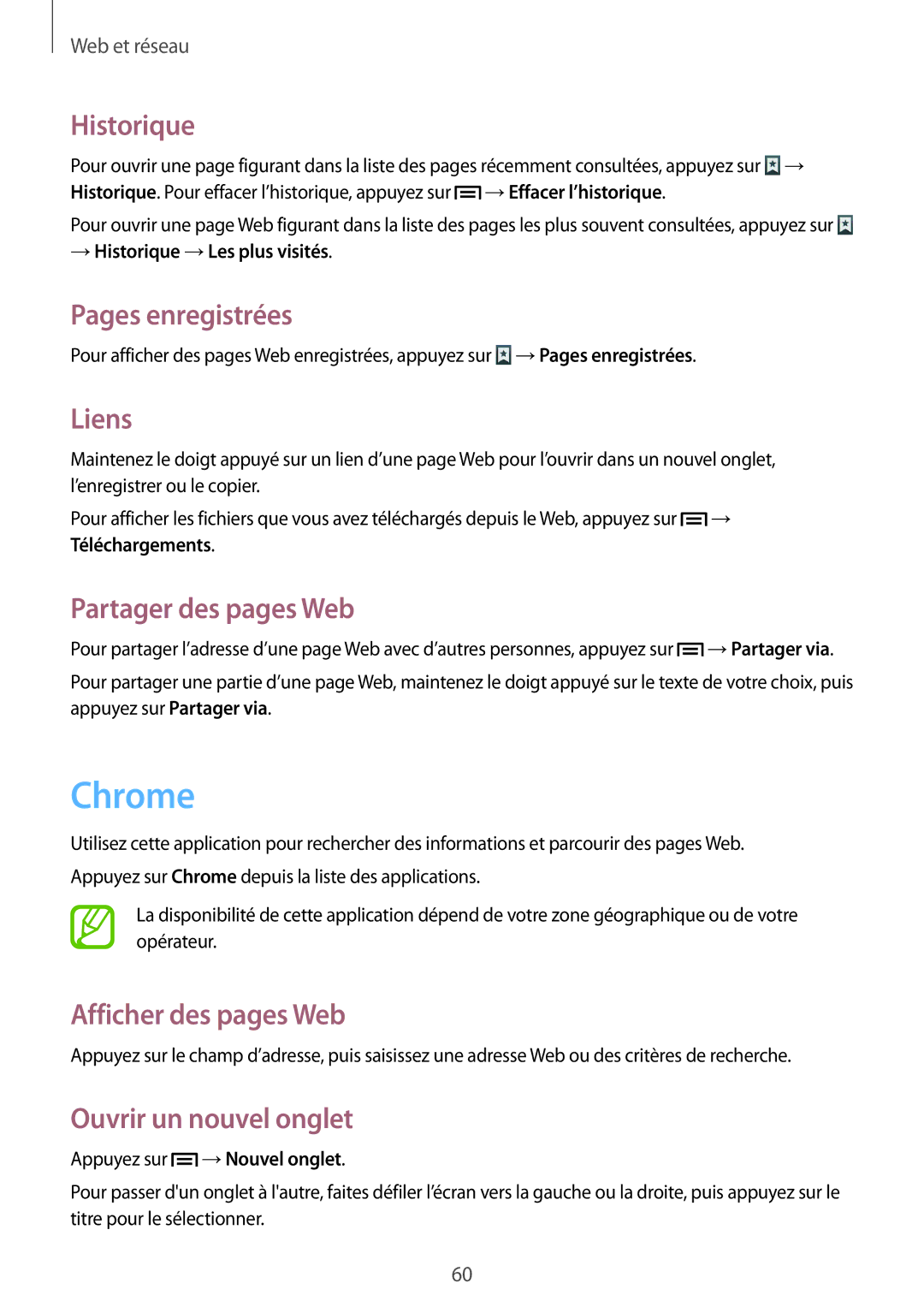 Samsung SM-T3110ZWAXEF manual Chrome, Historique, Pages enregistrées, Liens, Partager des pages Web 
