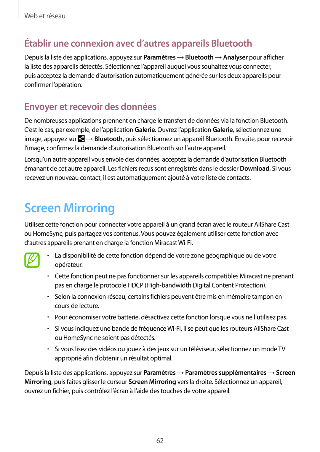 Samsung SM-T3110ZWAXEF manual Screen Mirroring, Établir une connexion avec d’autres appareils Bluetooth 