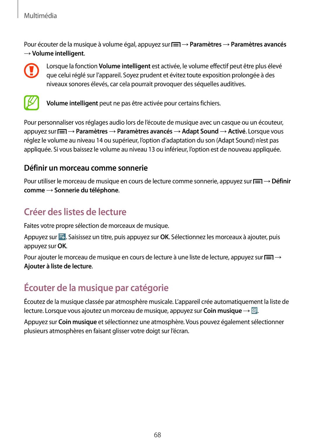 Samsung SM-T3110ZWAXEF Créer des listes de lecture, Écouter de la musique par catégorie, Définir un morceau comme sonnerie 