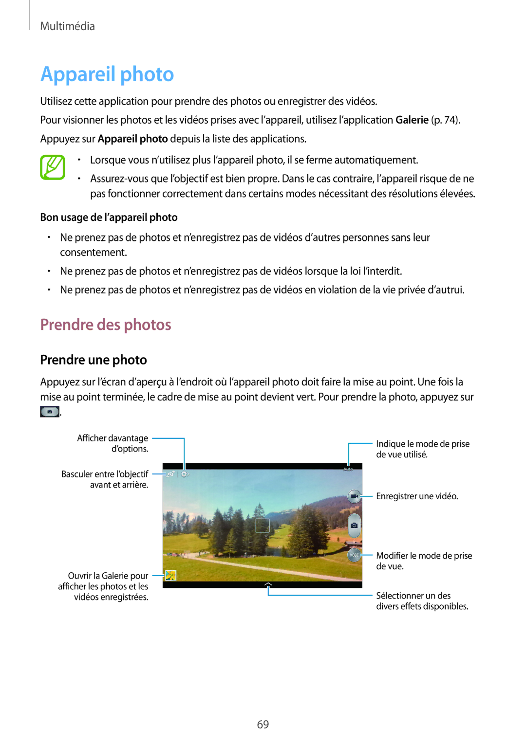 Samsung SM-T3110ZWAXEF manual Appareil photo, Prendre des photos, Prendre une photo, Bon usage de l’appareil photo 