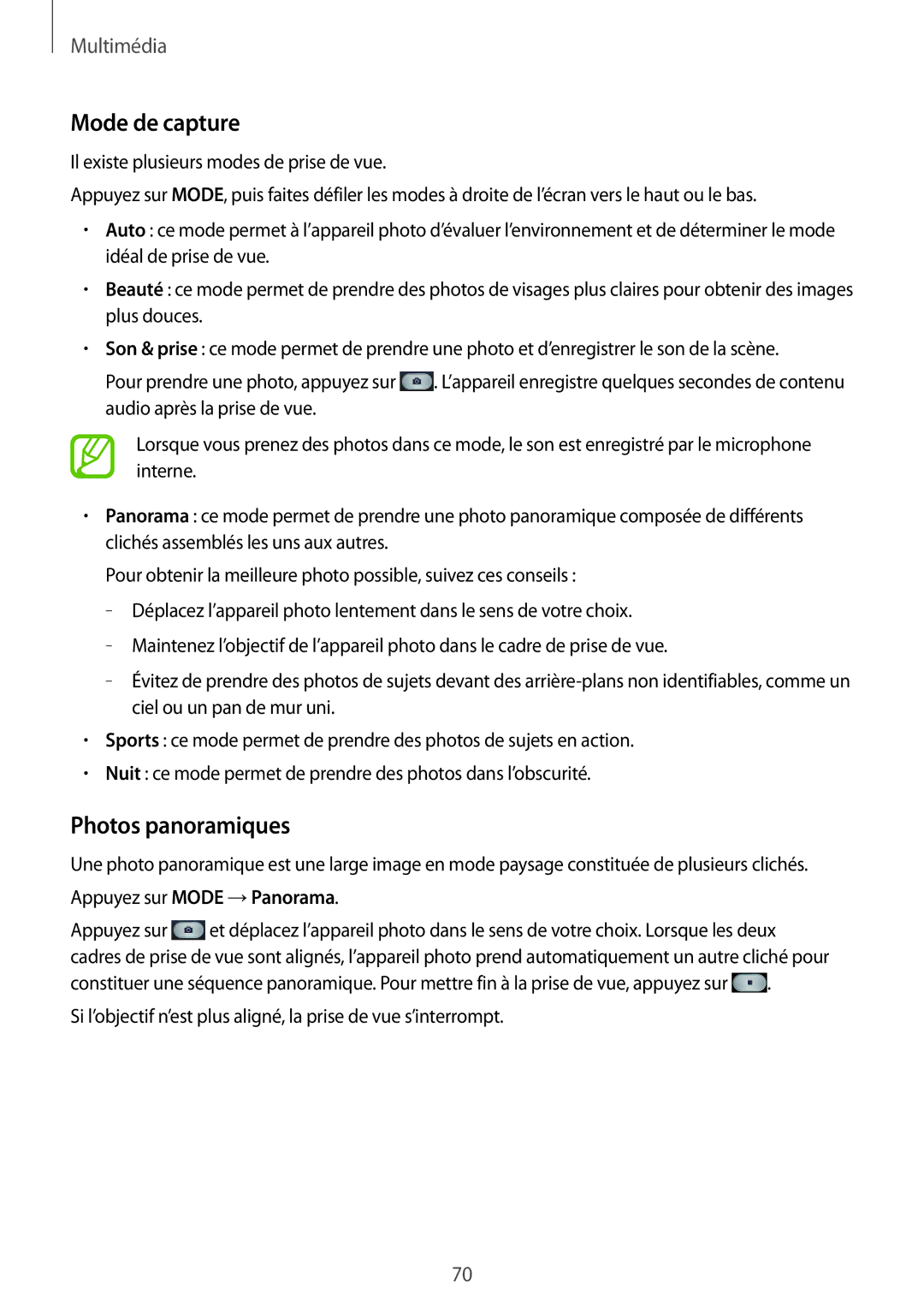 Samsung SM-T3110ZWAXEF manual Mode de capture, Photos panoramiques 