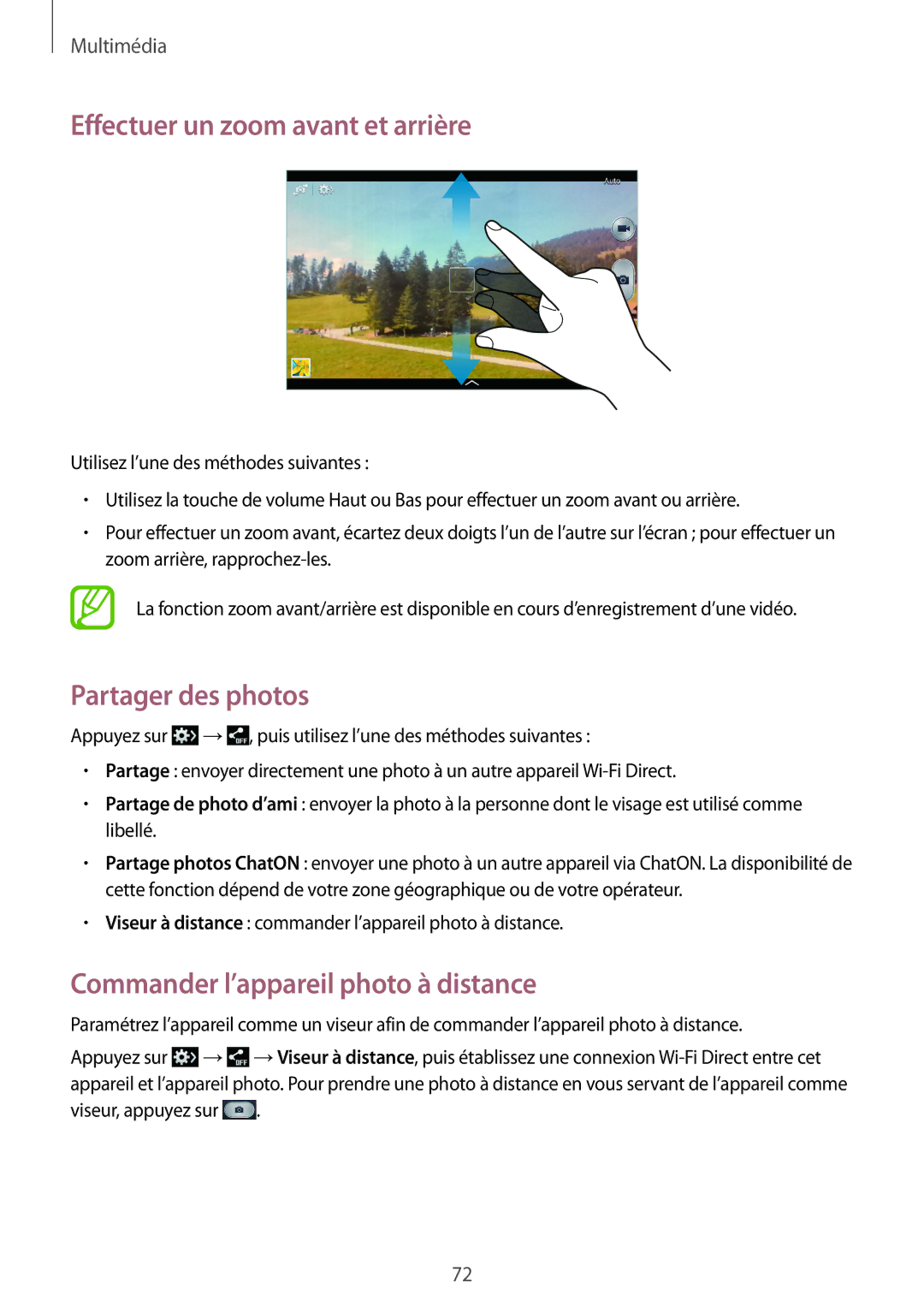 Samsung SM-T3110ZWAXEF Effectuer un zoom avant et arrière, Partager des photos, Commander l’appareil photo à distance 