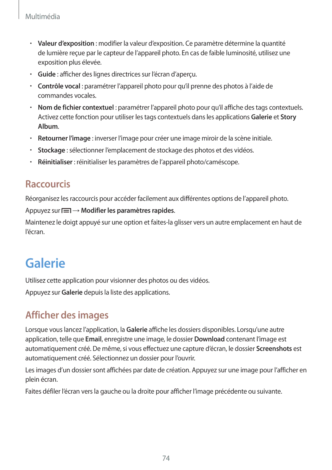 Samsung SM-T3110ZWAXEF manual Galerie, Raccourcis, Afficher des images, Appuyez sur →Modifier les paramètres rapides 