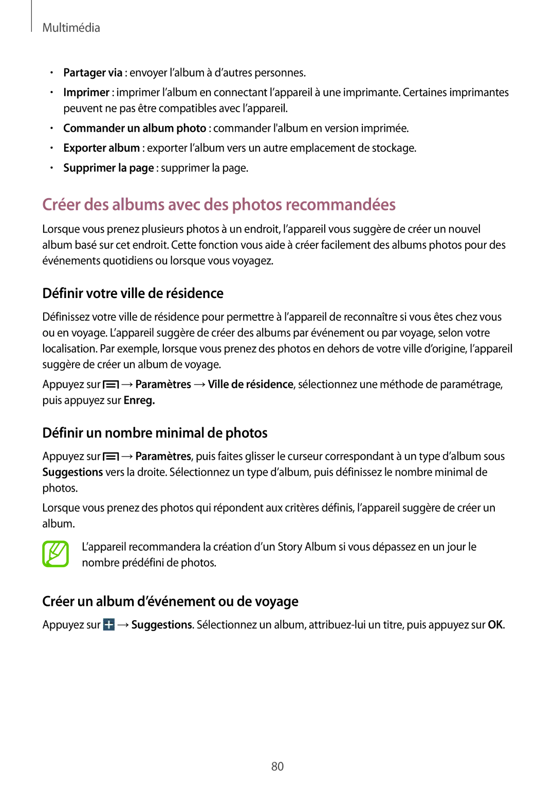 Samsung SM-T3110ZWAXEF manual Créer des albums avec des photos recommandées, Définir votre ville de résidence 
