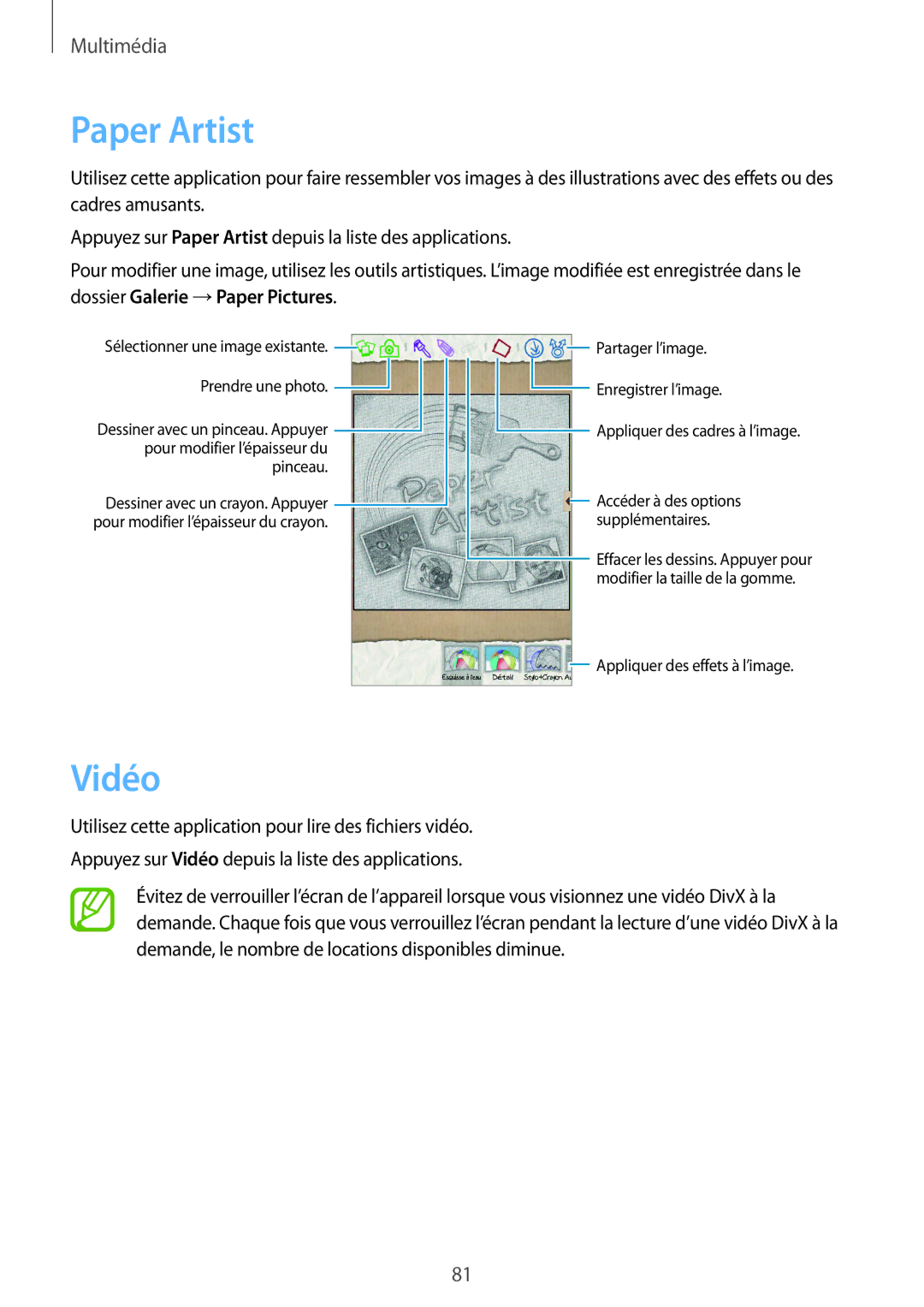 Samsung SM-T3110ZWAXEF manual Paper Artist, Vidéo 