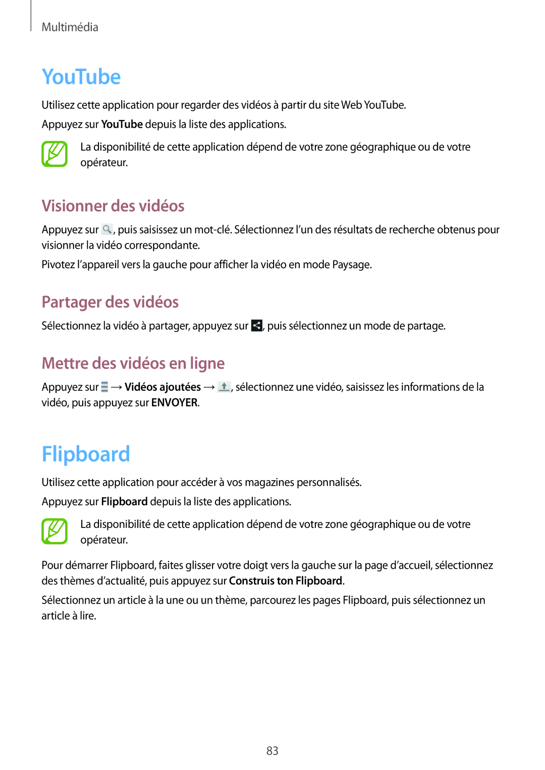Samsung SM-T3110ZWAXEF manual YouTube, Flipboard, Visionner des vidéos, Mettre des vidéos en ligne 