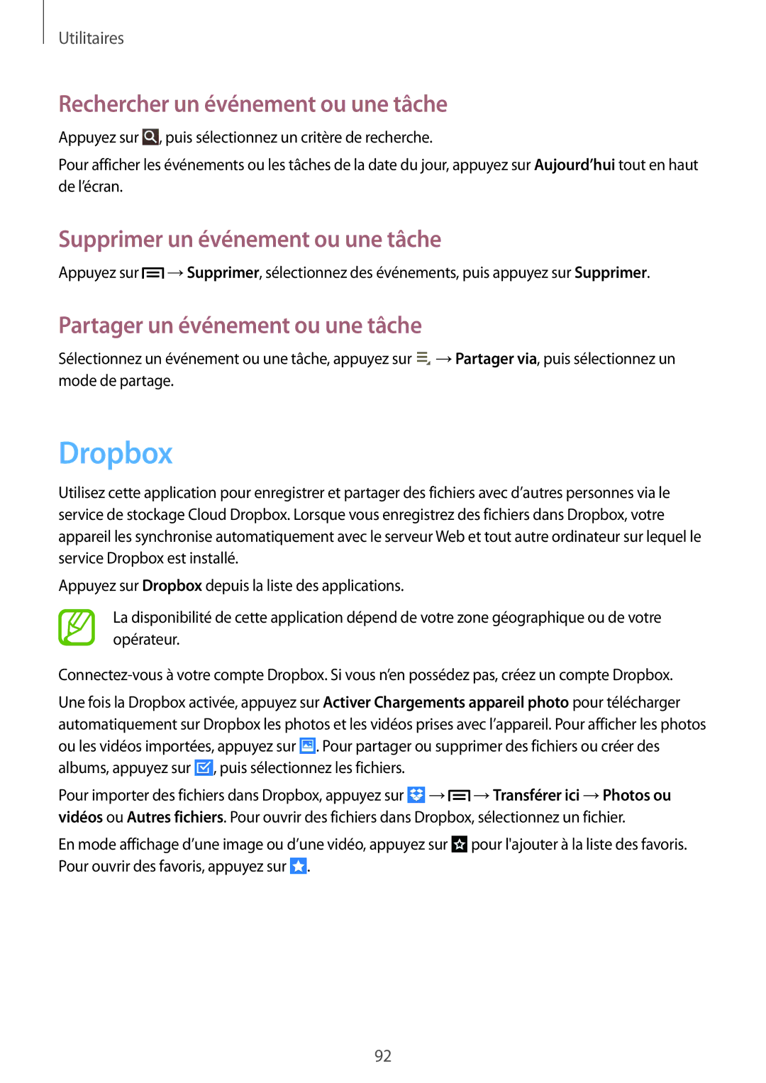 Samsung SM-T3110ZWAXEF manual Dropbox, Rechercher un événement ou une tâche, Supprimer un événement ou une tâche 