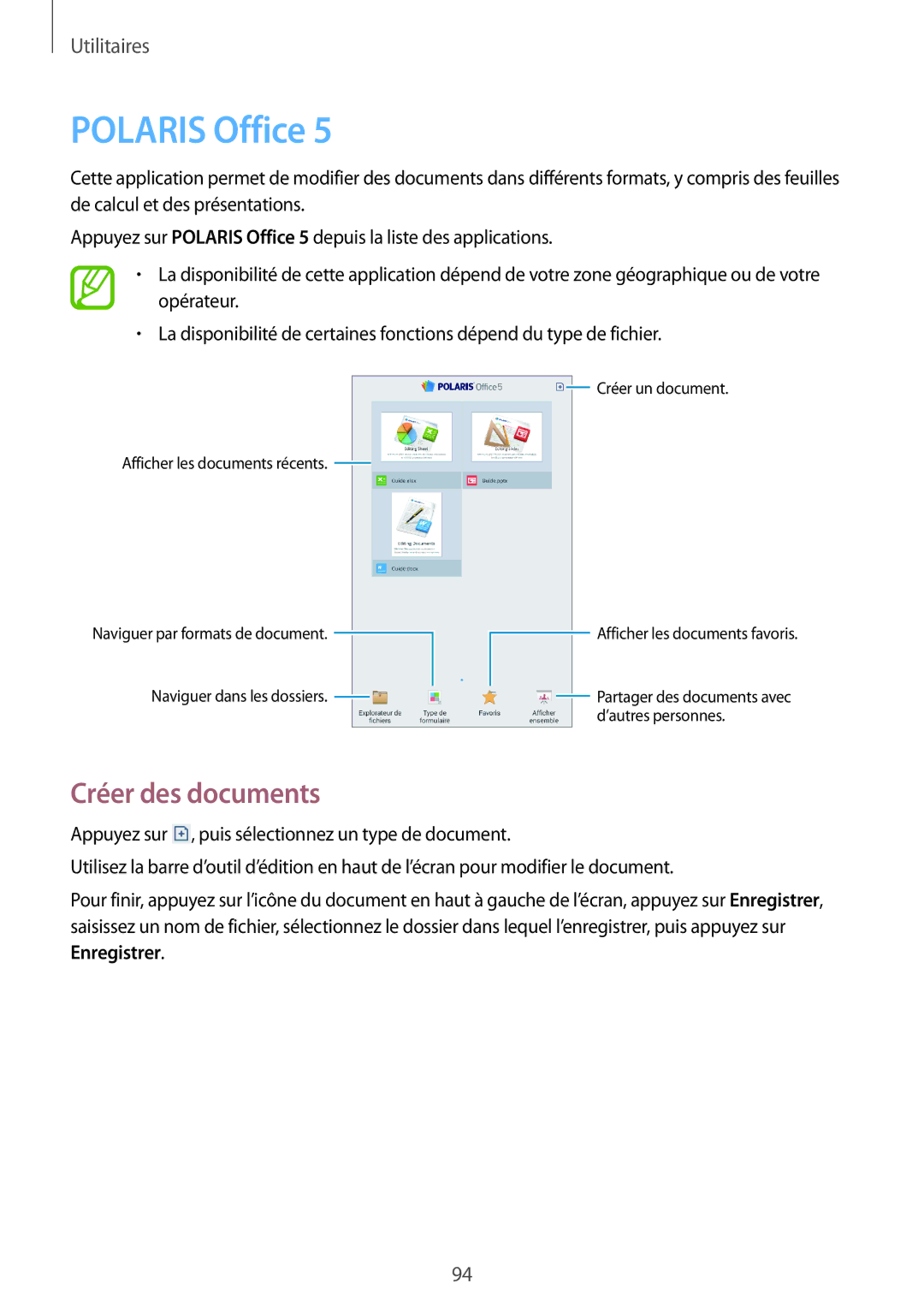 Samsung SM-T3110ZWAXEF manual Polaris Office, Créer des documents 