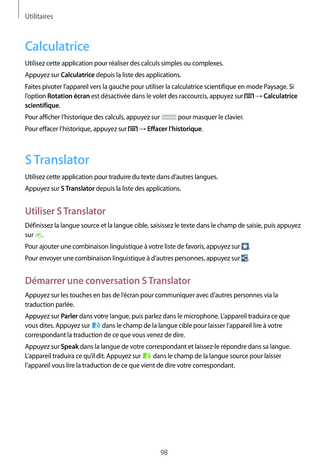 Samsung SM-T3110ZWAXEF manual Calculatrice, Utiliser S Translator, Démarrer une conversation S Translator 
