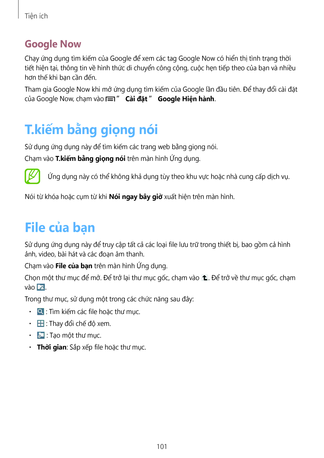 Samsung SM-T3110ZWAXXV manual Kiếm bằng giọng nói, File của ban, Google Now, 101 