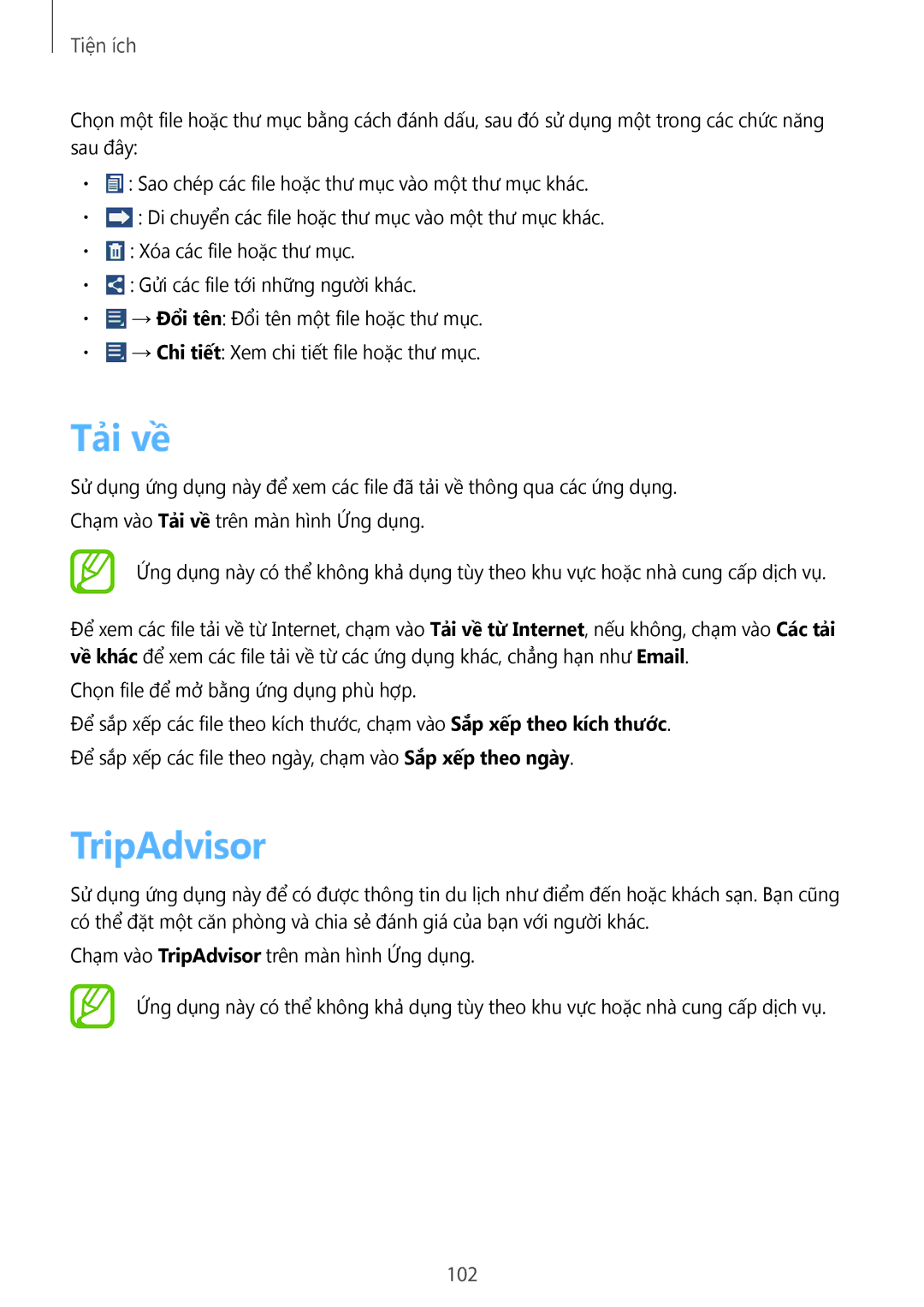 Samsung SM-T3110ZWAXXV manual Tải về, TripAdvisor, 102 