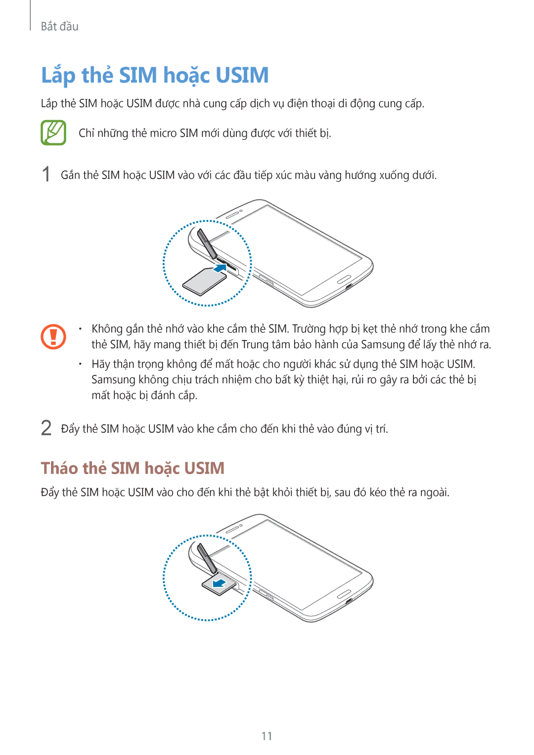 Samsung SM-T3110ZWAXXV manual Lắp thẻ SIM hoặc Usim, Tháo thẻ SIM hoặc Usim 