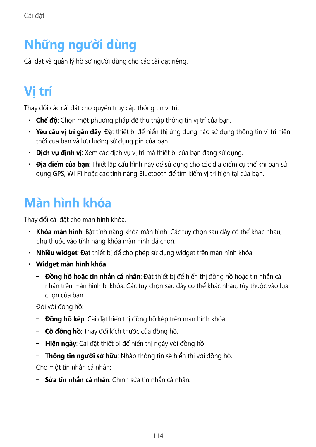 Samsung SM-T3110ZWAXXV manual Nhưng người dùng, Vị trí, 114, Widget màn hình khóa 