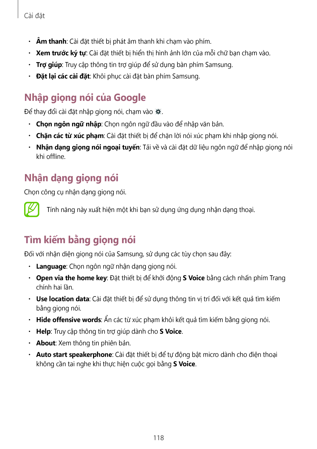 Samsung SM-T3110ZWAXXV manual Nhập giọng nói của Google, Nhận dạng giọng nói, Tìm kiếm bằng giọng nói, 118 