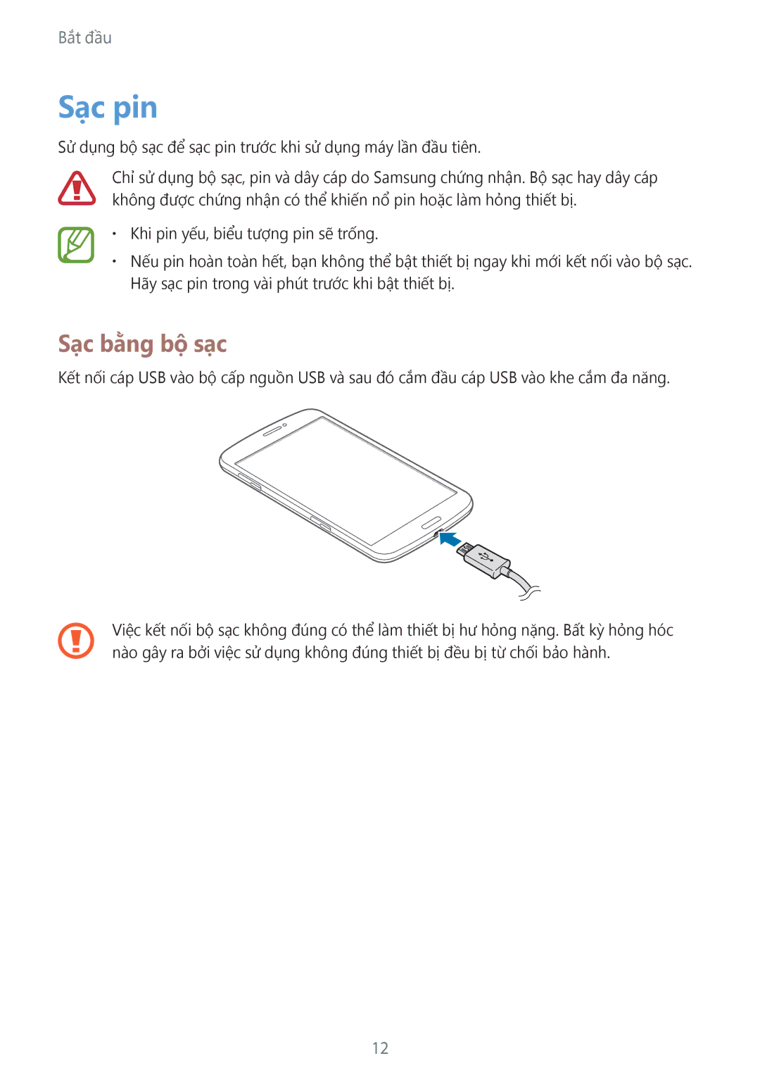 Samsung SM-T3110ZWAXXV manual Sạc pin, Sạc bằng bộ sạc 