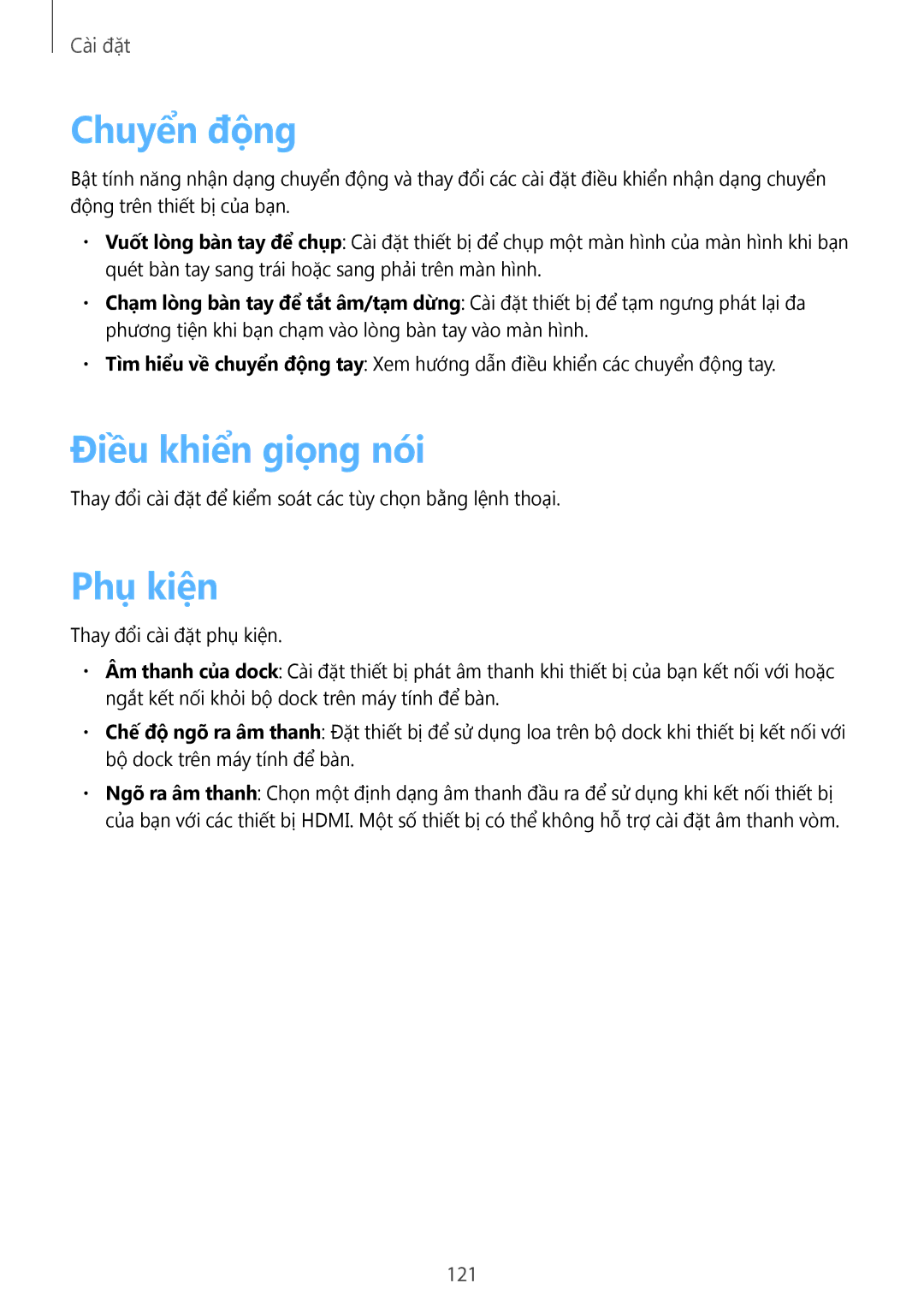 Samsung SM-T3110ZWAXXV manual Chuyển động, Điều khiển giọng nói, Phụ kiện, 121 