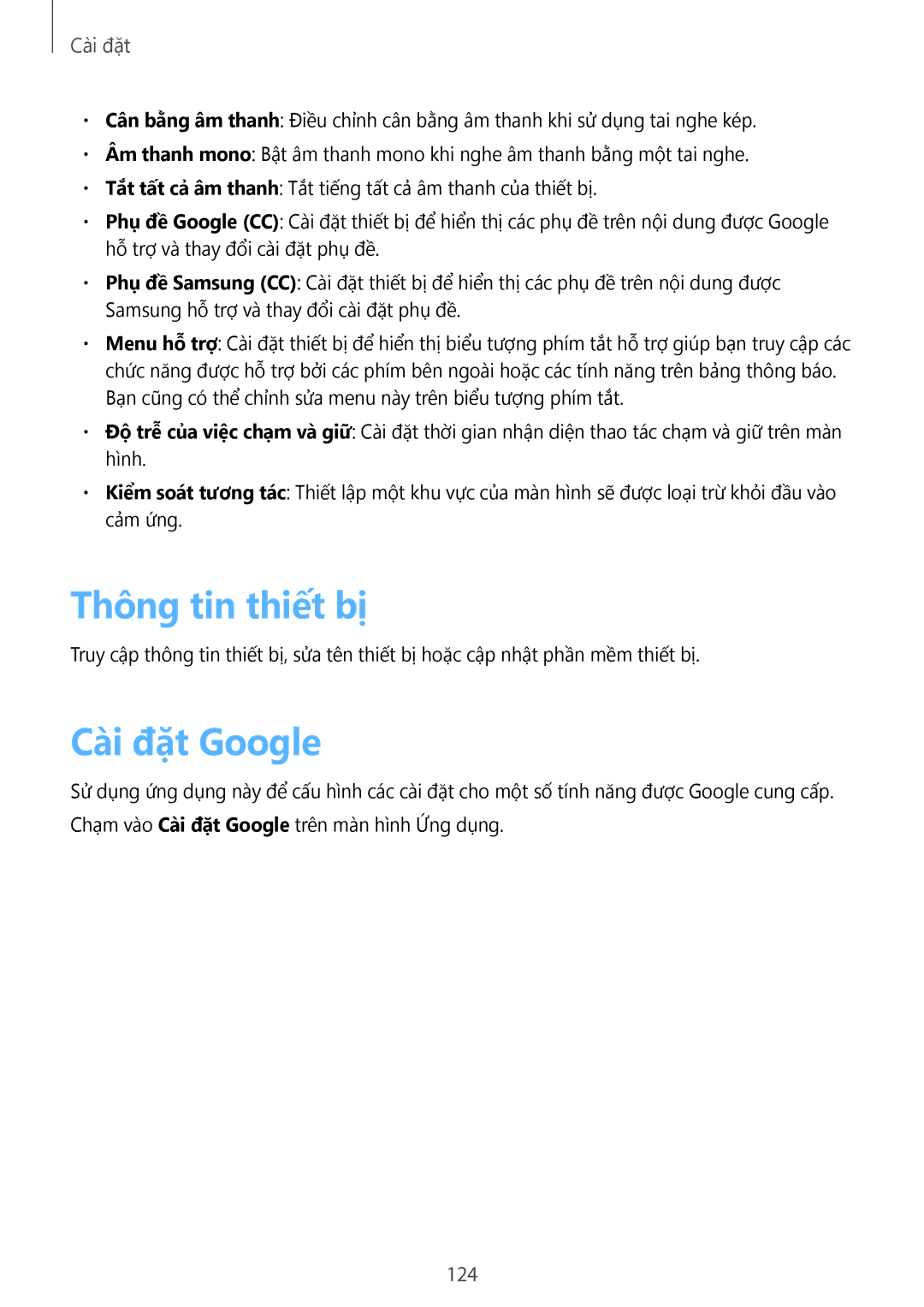 Samsung SM-T3110ZWAXXV manual Thông tin thiết bị, Cài đặt Google, 124 