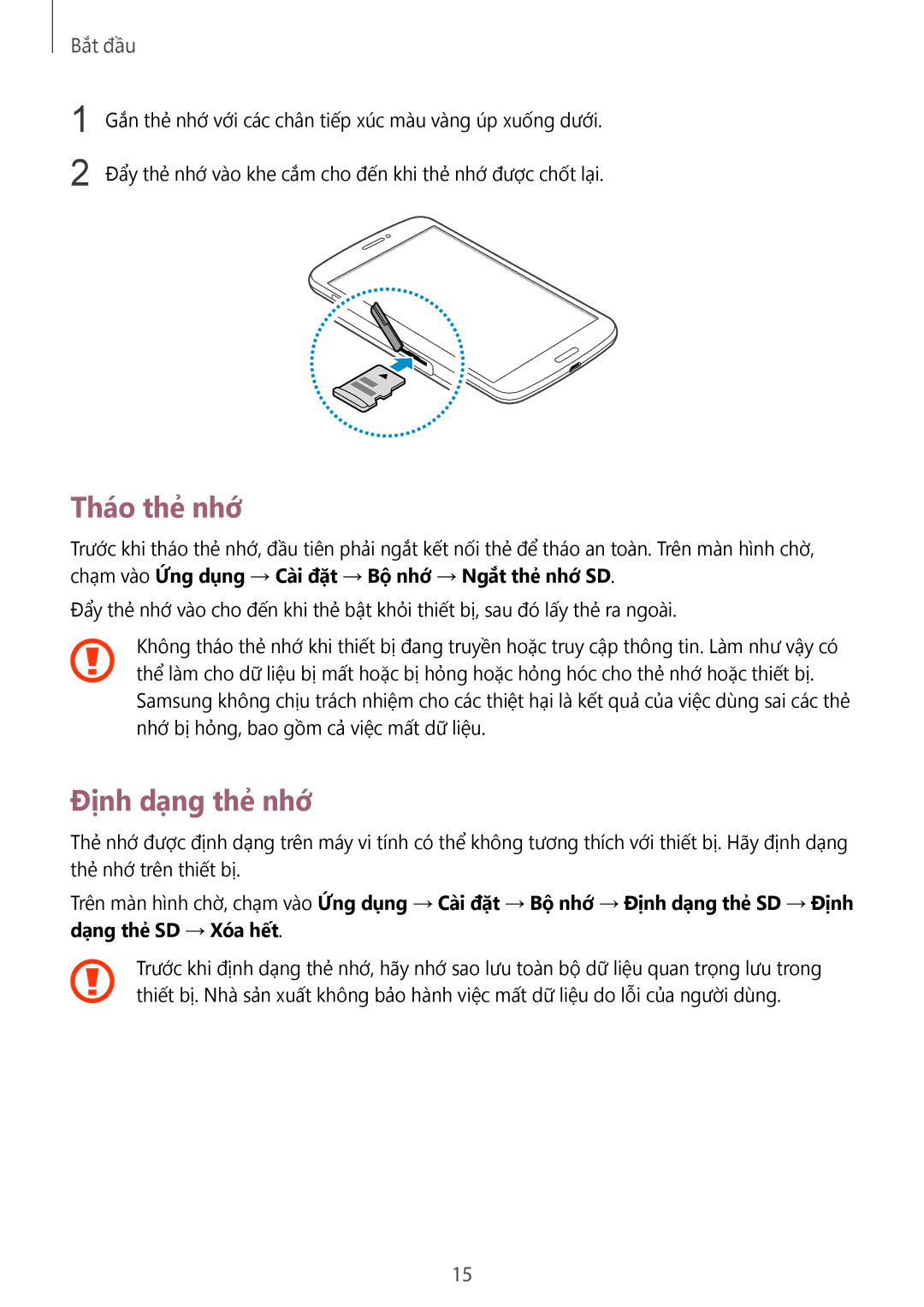 Samsung SM-T3110ZWAXXV manual Tháo thẻ nhớ, Định dạng thẻ nhớ 