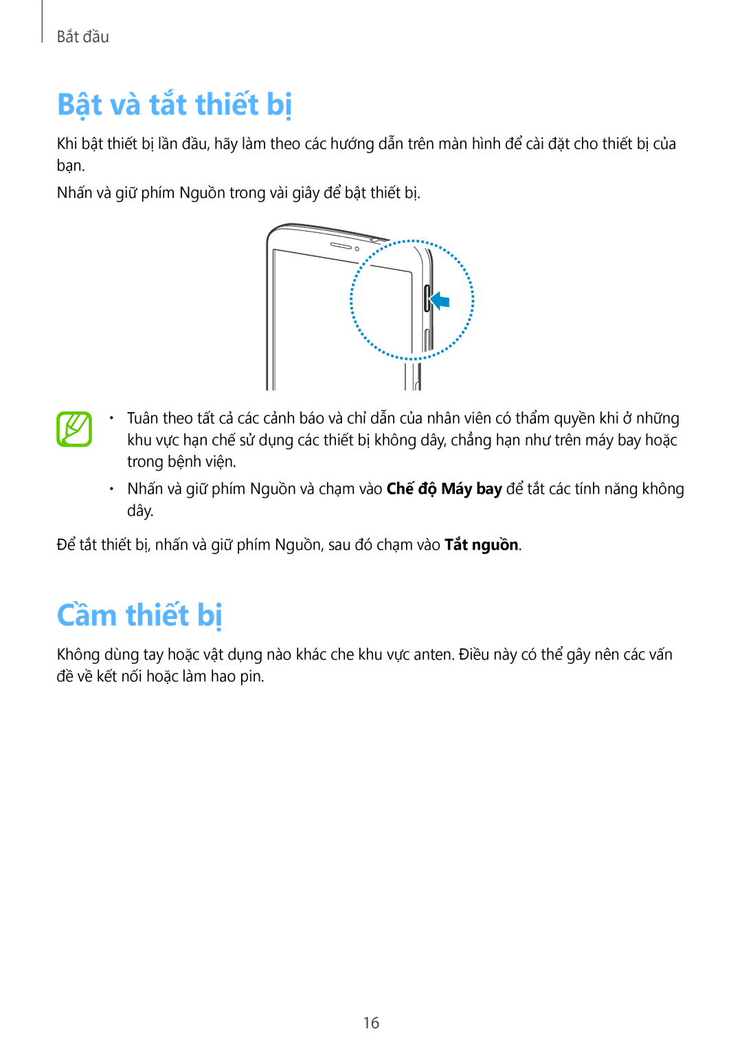 Samsung SM-T3110ZWAXXV manual Bật và tắt thiết bị, Cầm thiết bị 