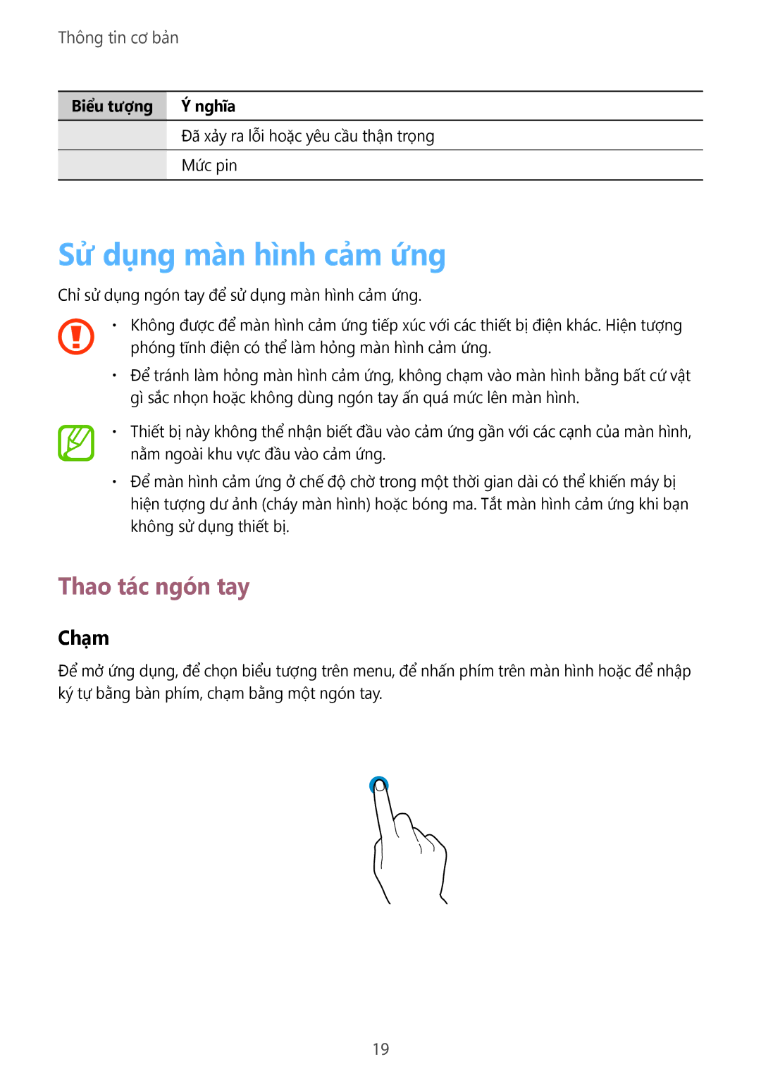Samsung SM-T3110ZWAXXV manual Sử dụng màn hình cảm ứng, Thao tác ngón tay, Chạm 